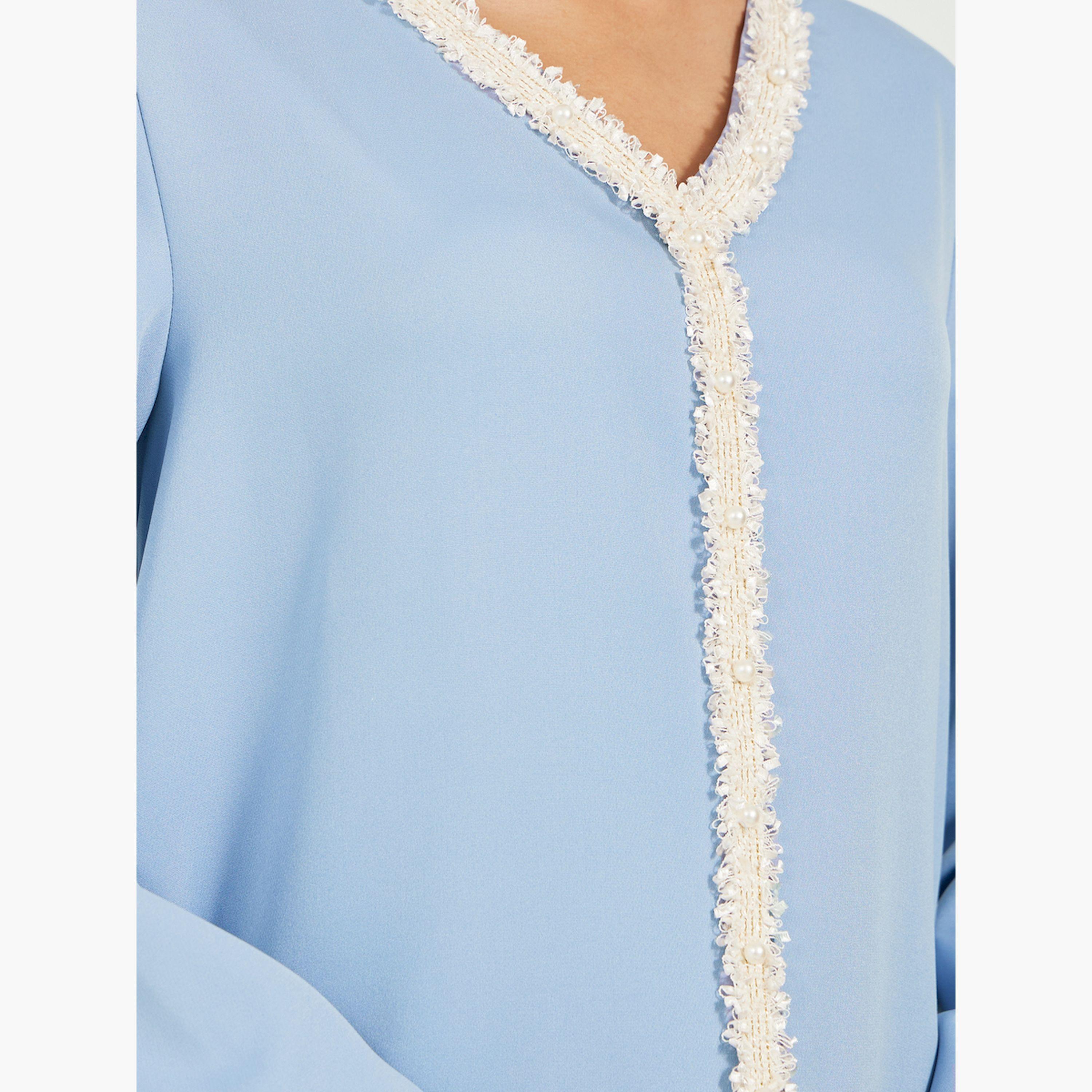 Styli Solid Tweed Lace Detail A-Line Jalabiya-women-arabicclothing-jalabiyas-image-4