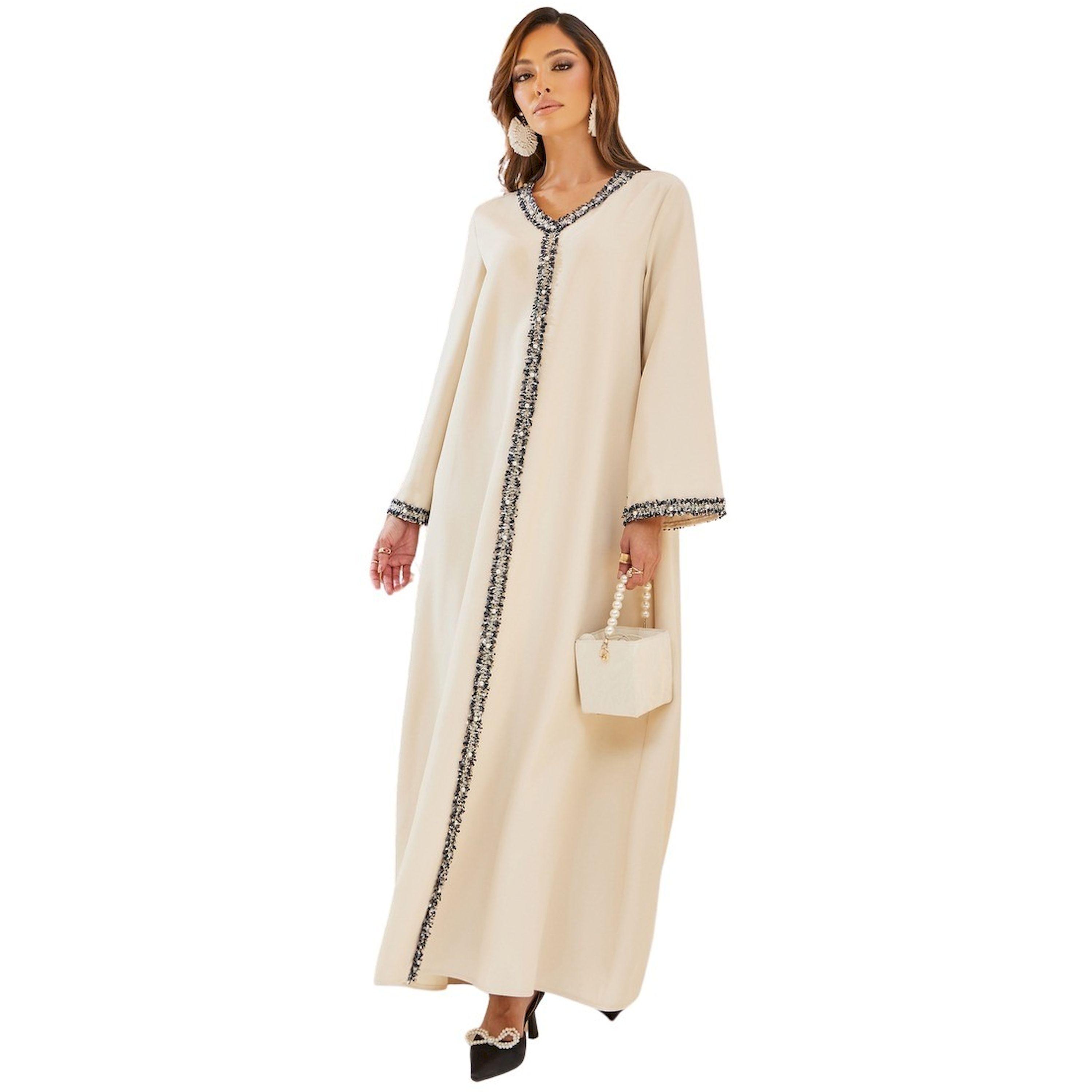 Styli Solid Tweed Lace Detail A-Line Jalabiya-women-arabicclothing-jalabiyas-image-1