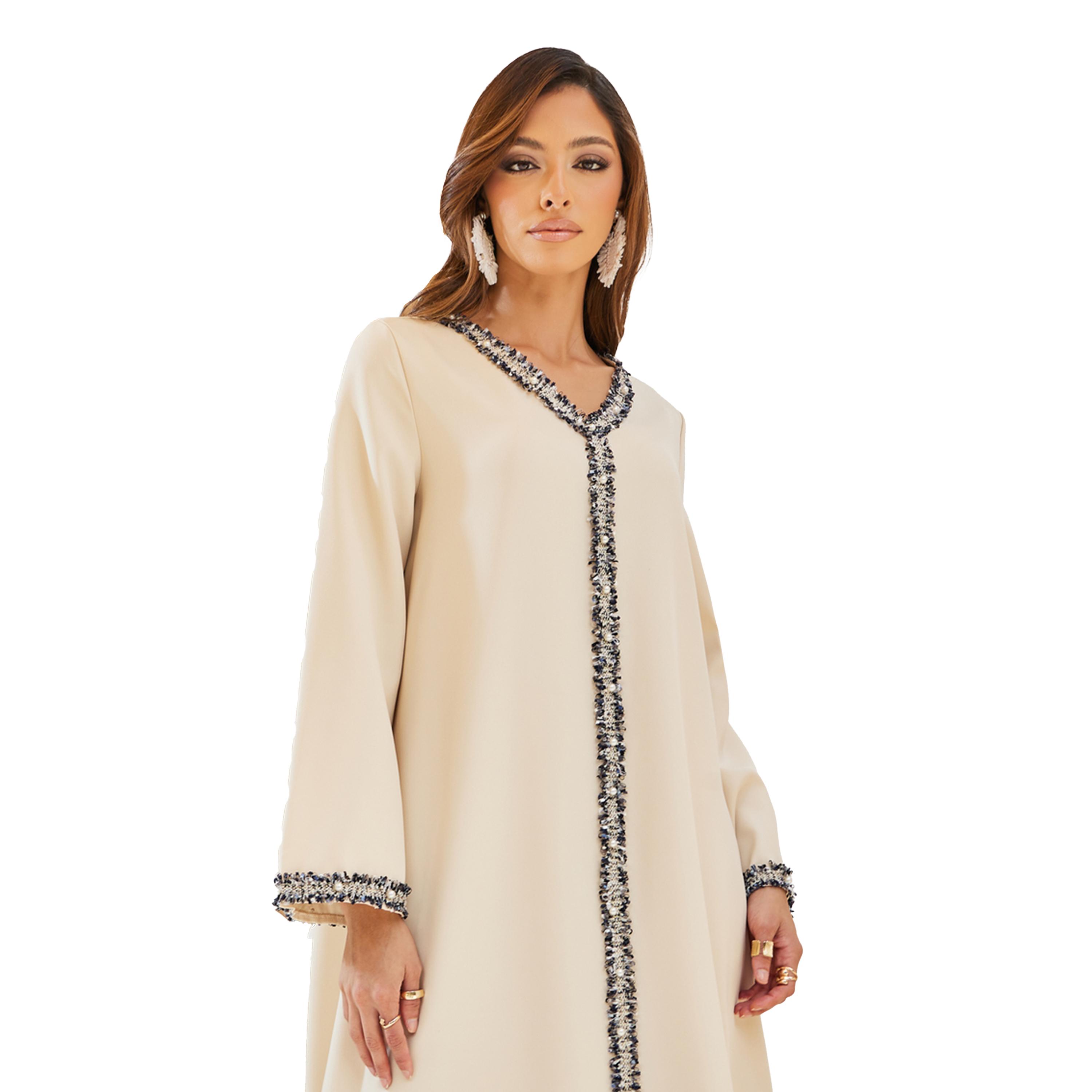 ستايلي -  جلابية على شكل حرف A من قماش التويد السادة مع تفاصيل دانتيل-women-arabicclothing-jalabiyas-image-3