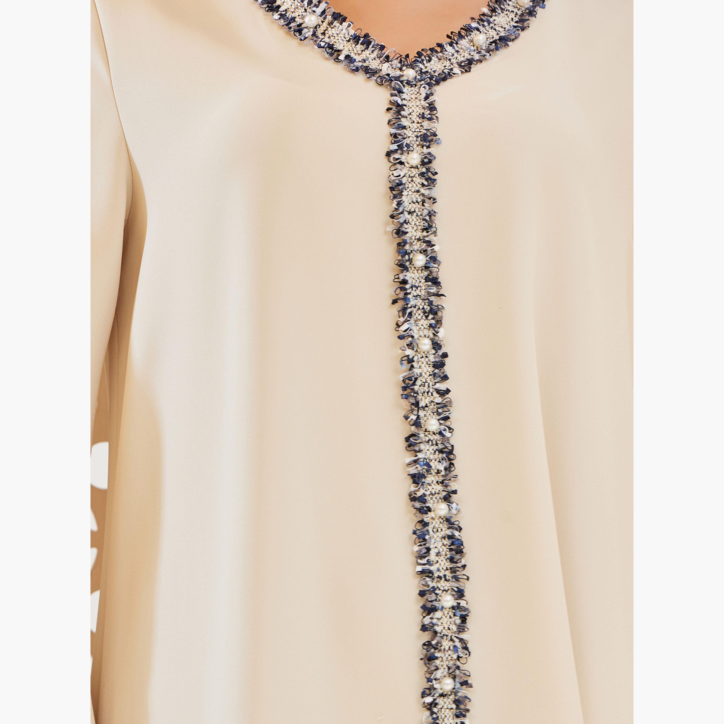 ستايلي -  جلابية على شكل حرف A من قماش التويد السادة مع تفاصيل دانتيل-women-arabicclothing-jalabiyas-image-4