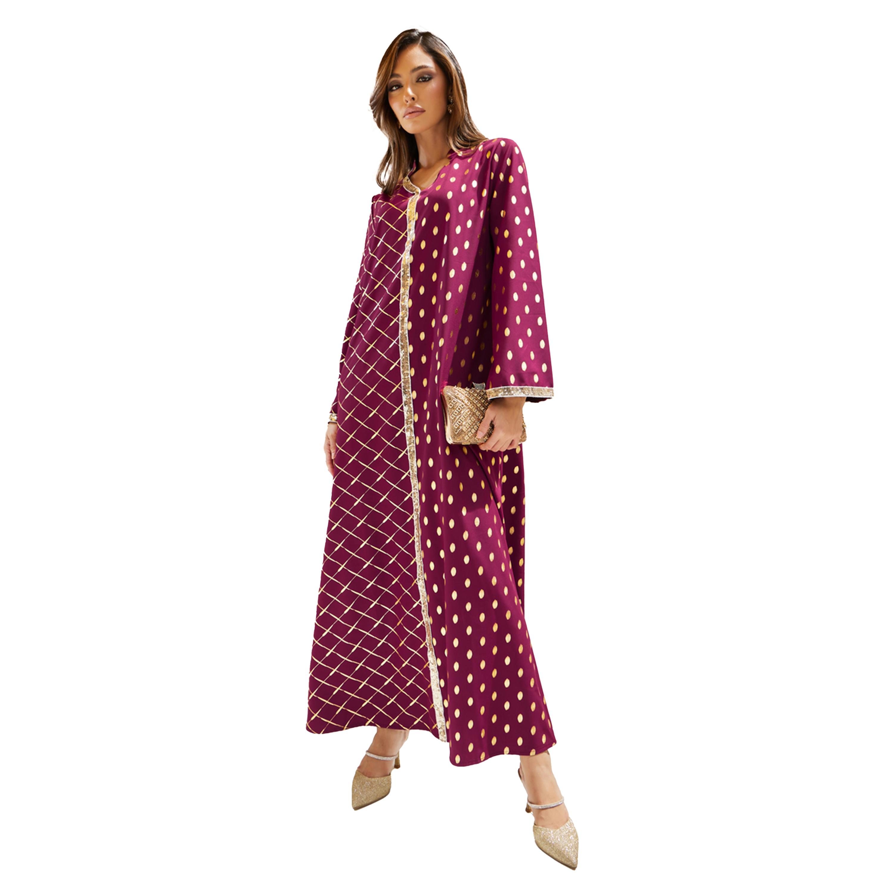 Styli Foil Printed Collared Jalabiya with Lace Detail-women-arabicclothing-jalabiyas-image-1
