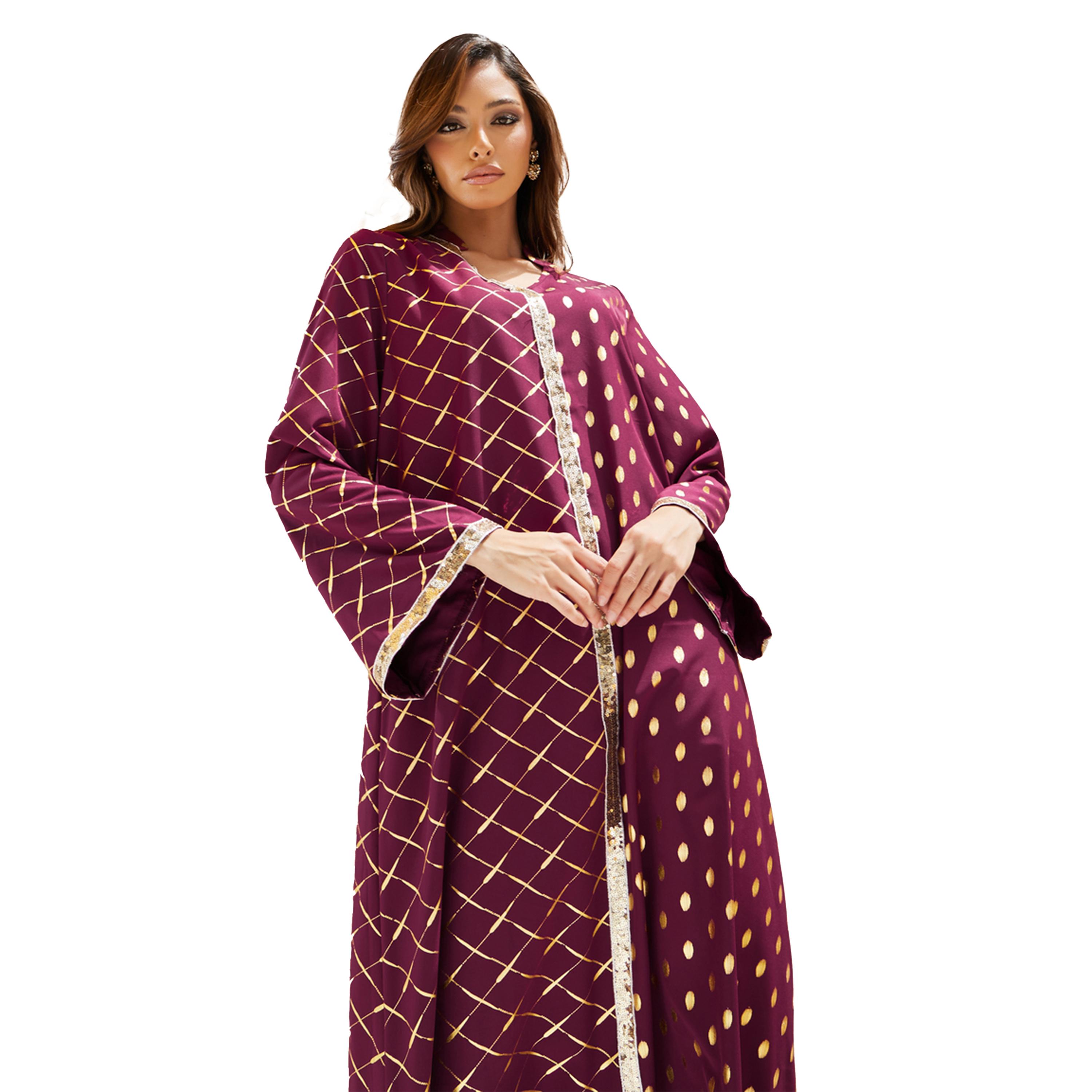 Styli Foil Printed Collared Jalabiya with Lace Detail-women-arabicclothing-jalabiyas-image-2