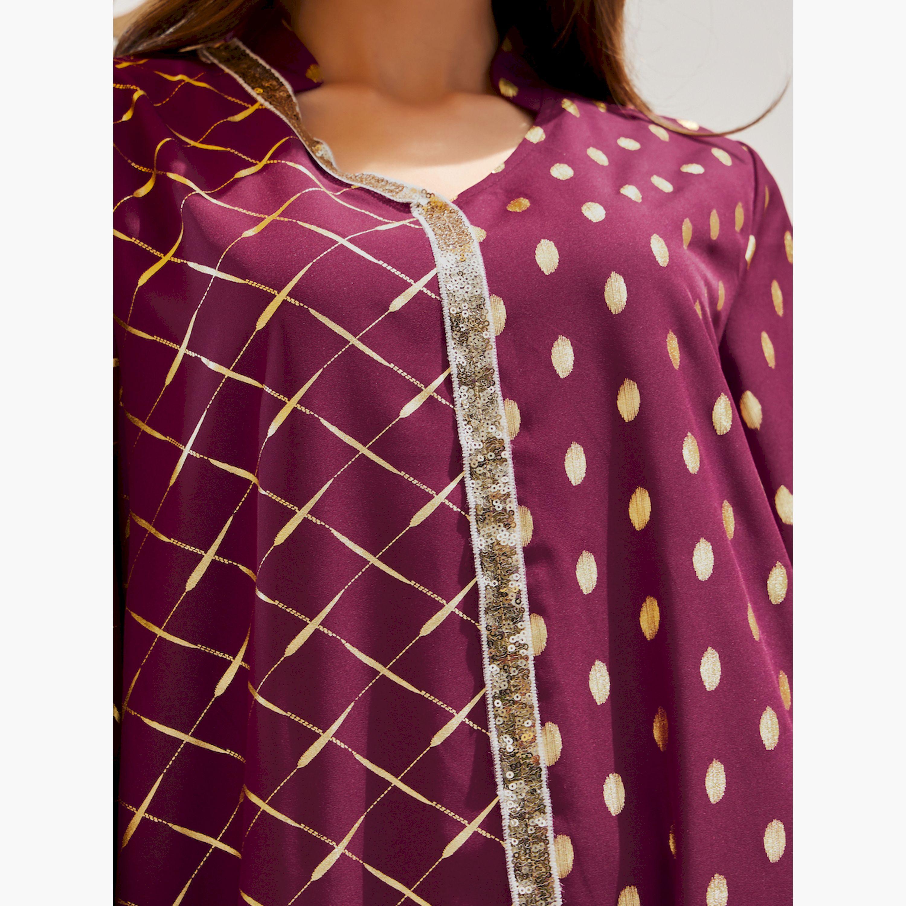ستايلي - جلابية بطباعة فويل مع ياقة وتفاصيل دانتيل-women-arabicclothing-jalabiyas-image-3