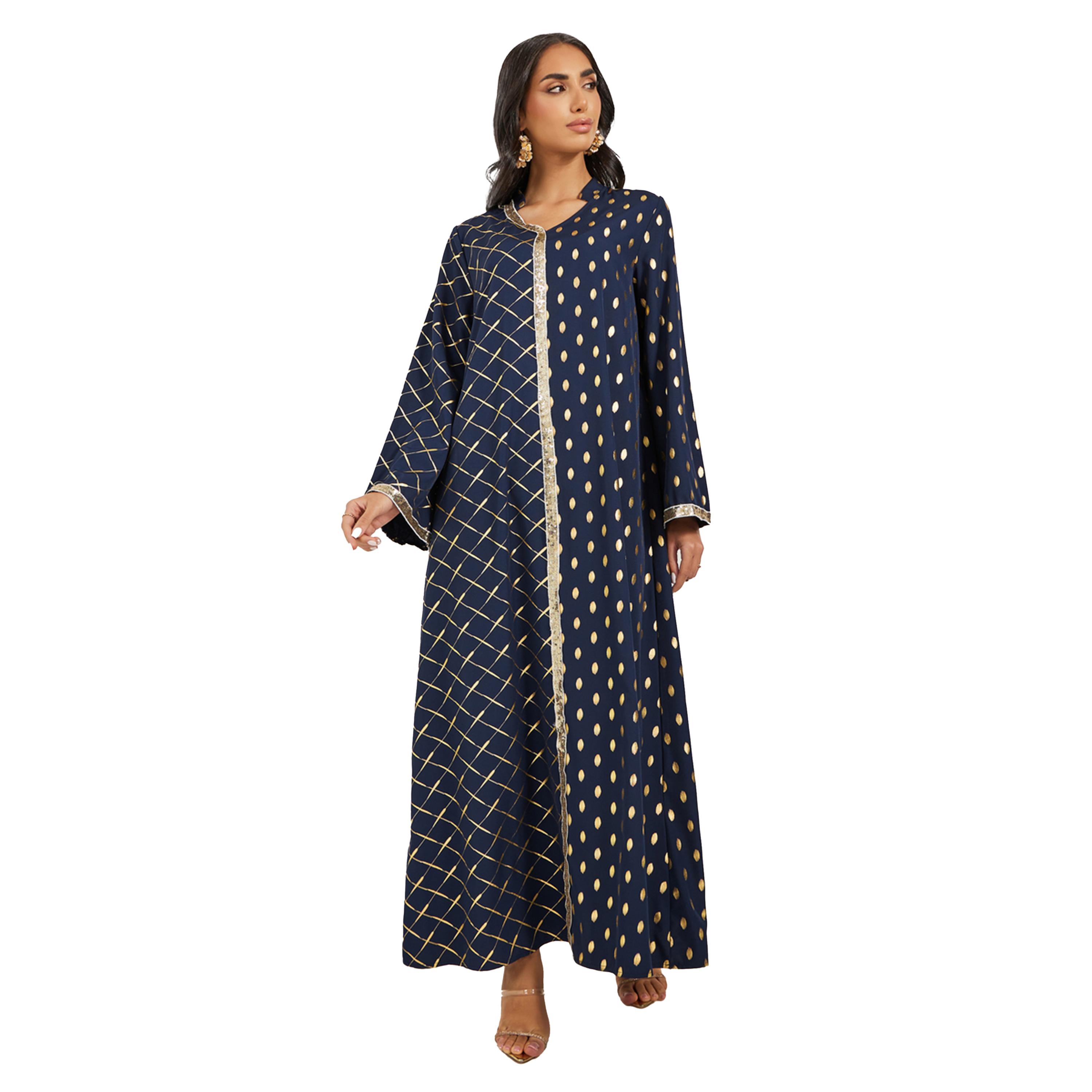 Amirah X Styli Foil Printed Collared Jalabiya with Lace Trim-women-arabicclothing-jalabiyas-image-2