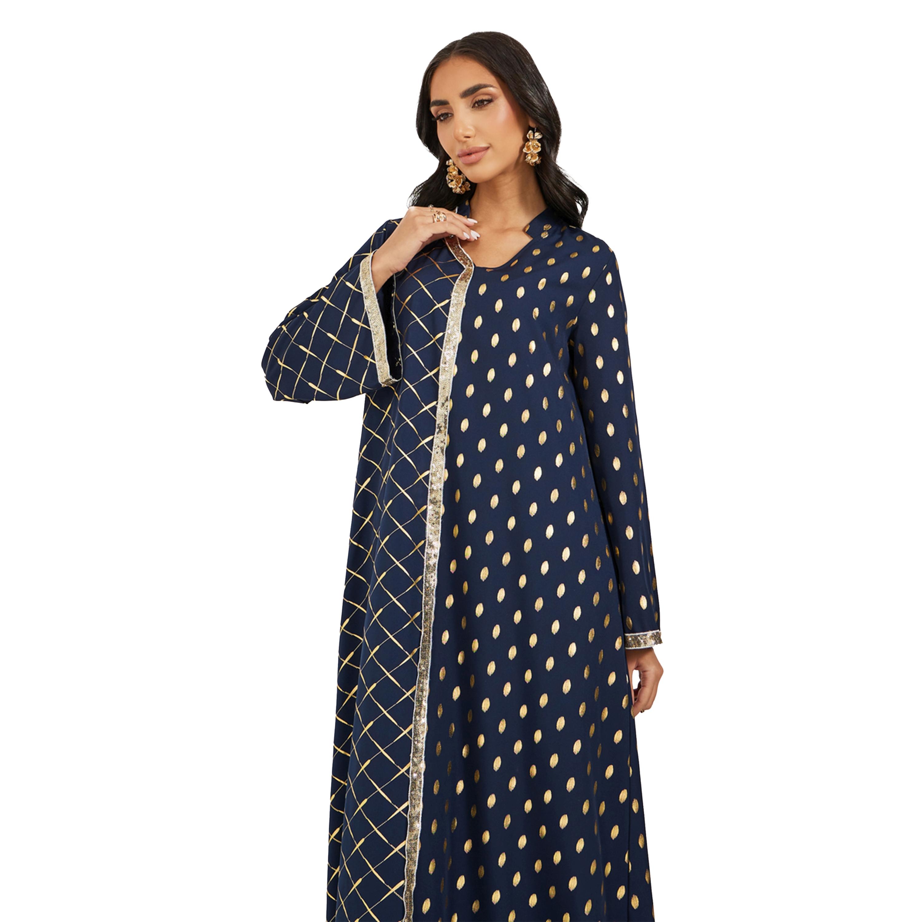 Amirah X Styli Foil Printed Collared Jalabiya with Lace Trim-women-arabicclothing-jalabiyas-image-3