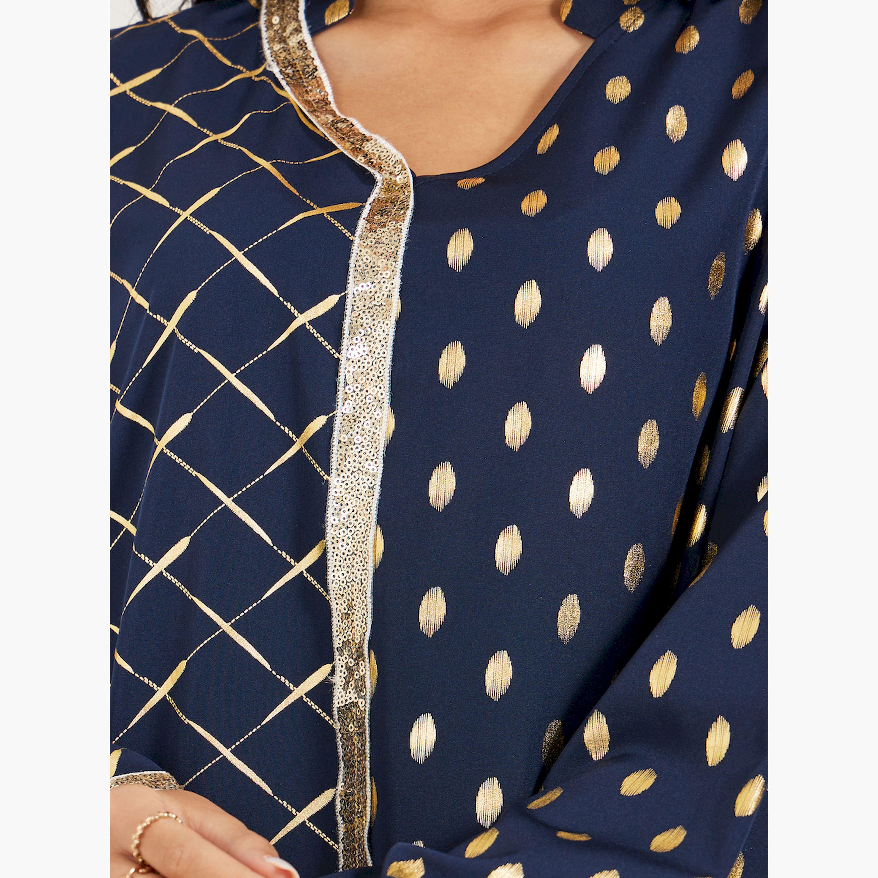 Amirah X Styli Foil Printed Collared Jalabiya with Lace Trim-women-arabicclothing-jalabiyas-image-4
