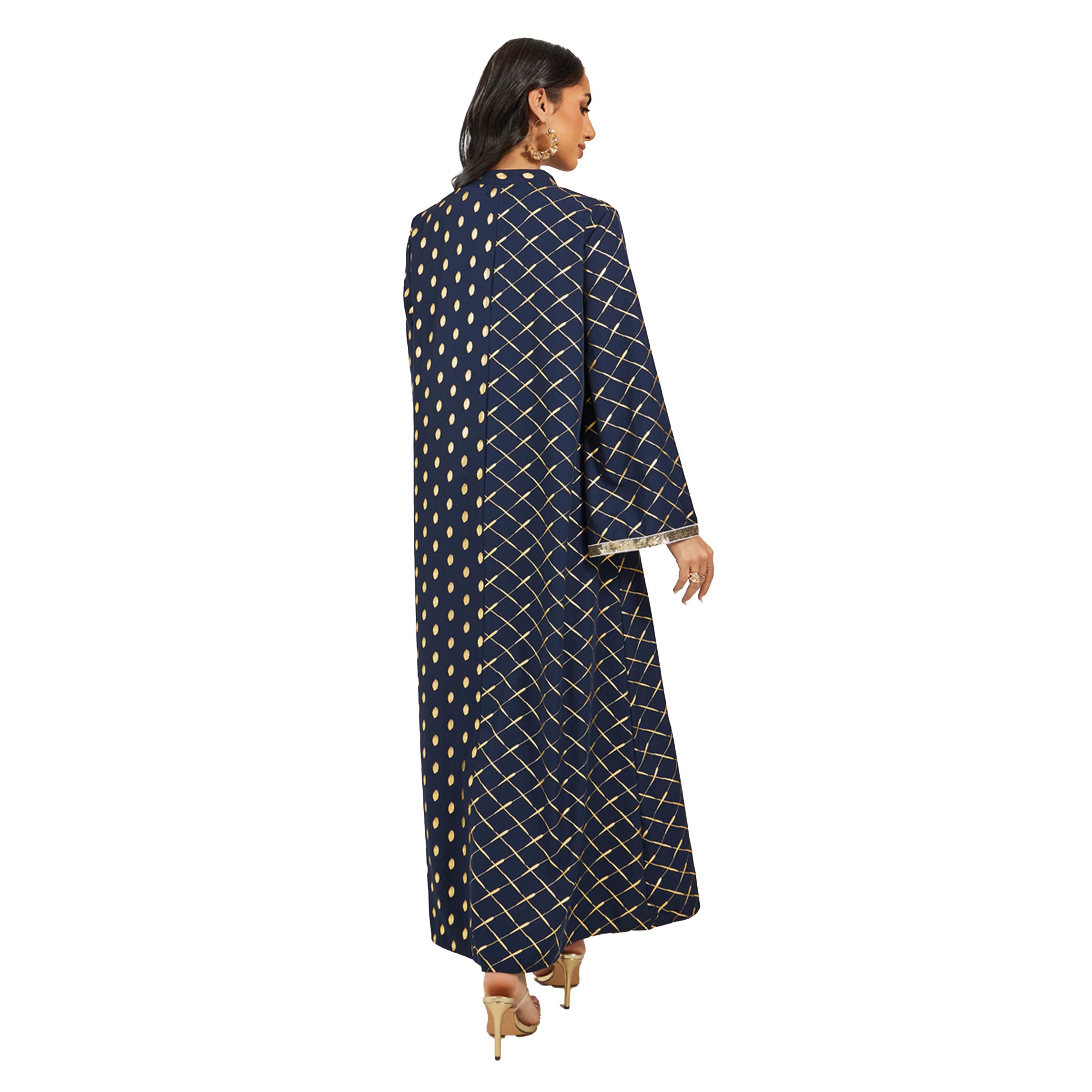 Amirah X Styli Foil Printed Collared Jalabiya with Lace Trim-women-arabicclothing-jalabiyas-image-5