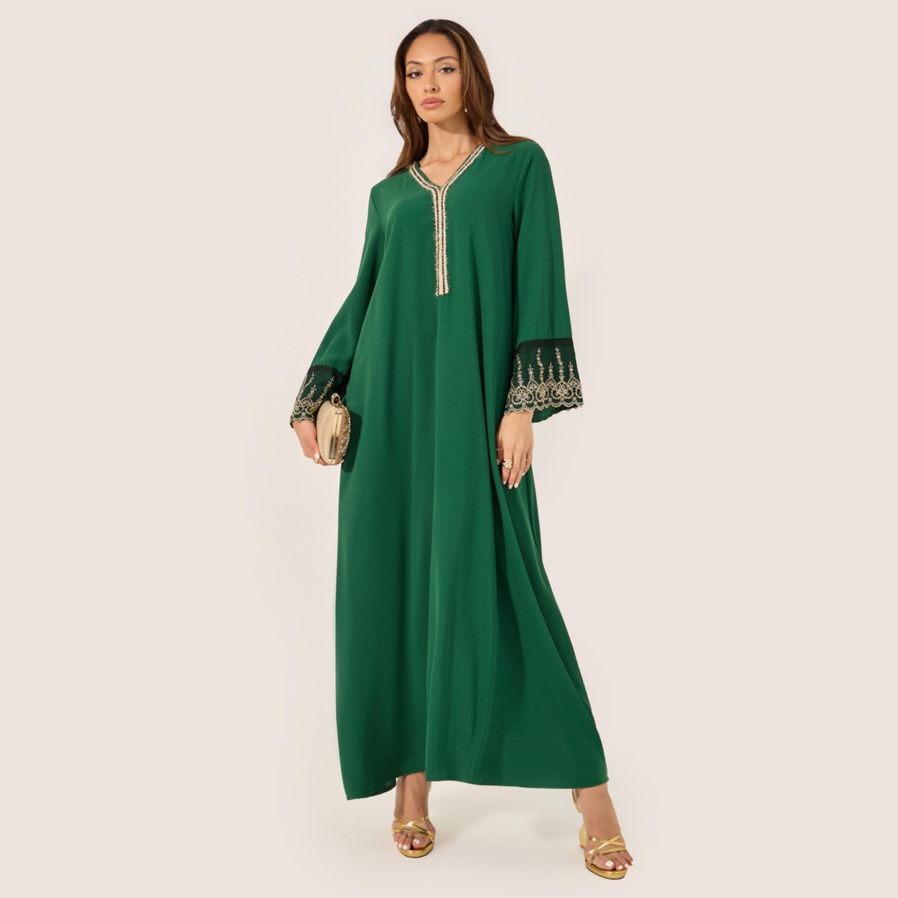 Styli Embroidered V-Neck Tasseled A-Line Jalabiya-women-arabicclothing-jalabiyas-image-2