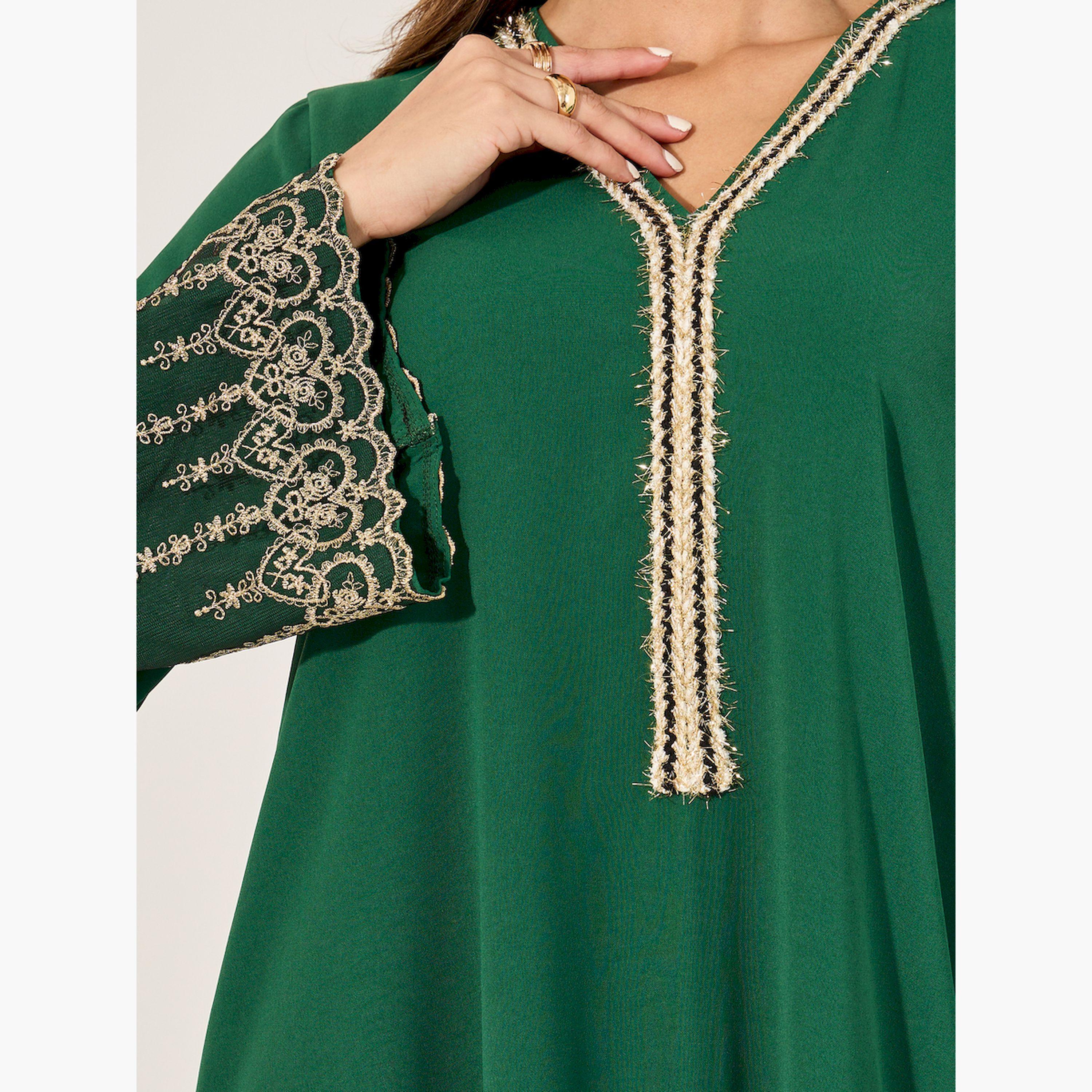 Styli Embroidered V-Neck Tasseled A-Line Jalabiya-women-arabicclothing-jalabiyas-image-4