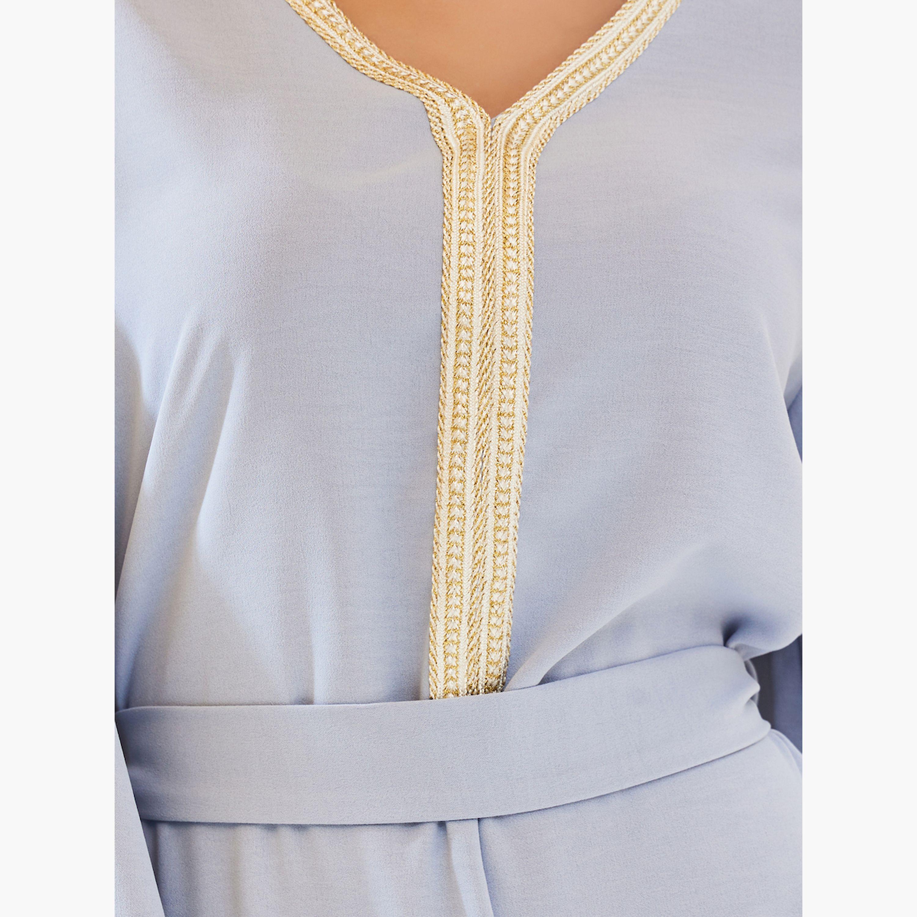 Styli Plain Tie-Back Jalabiya with Lace Trim-women-arabicclothing-jalabiyas-image-4