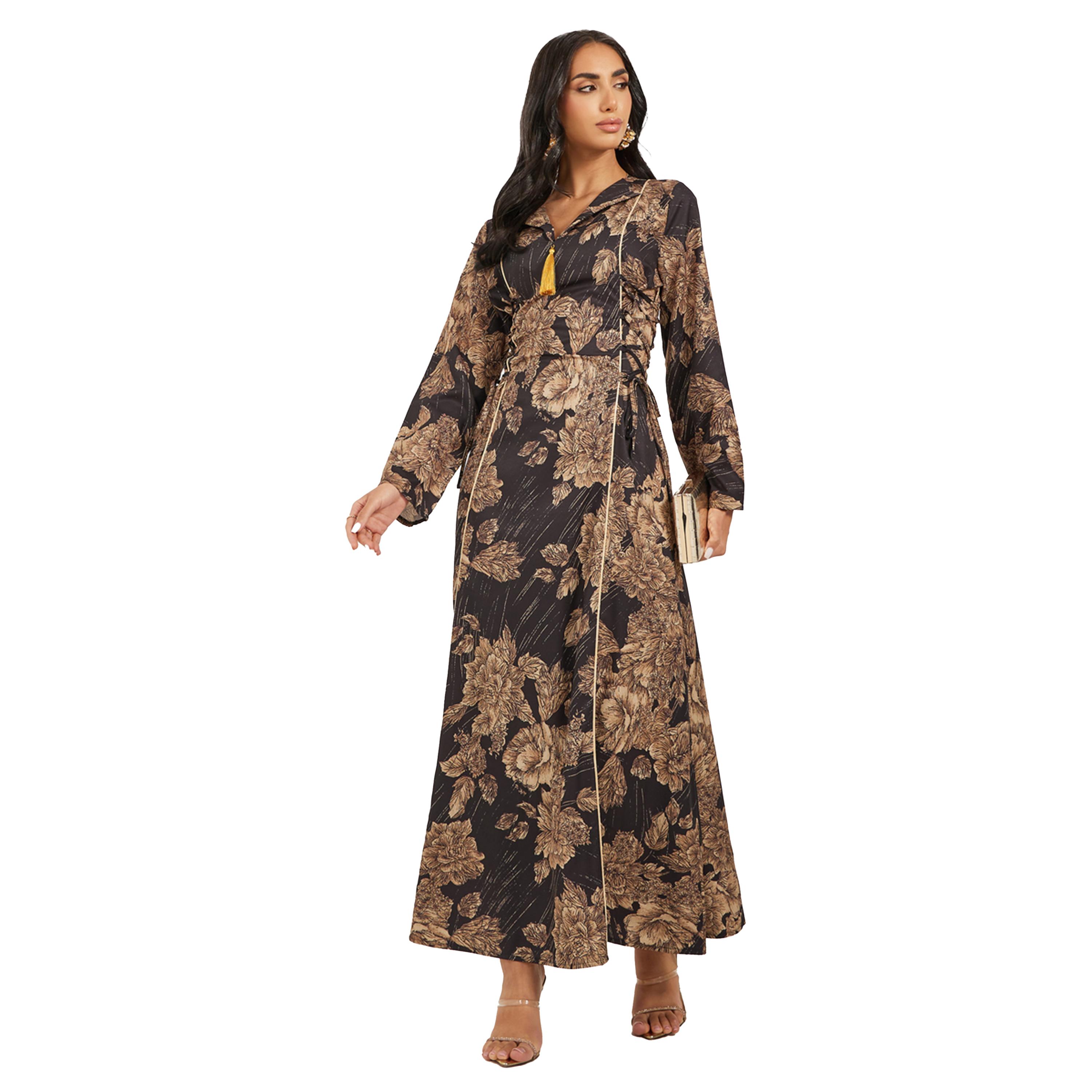 ستايلي - جلابية جاكار موردة بياقة مسطحة وتفاصيل شراشيب-women-arabicclothing-jalabiyas-image-1