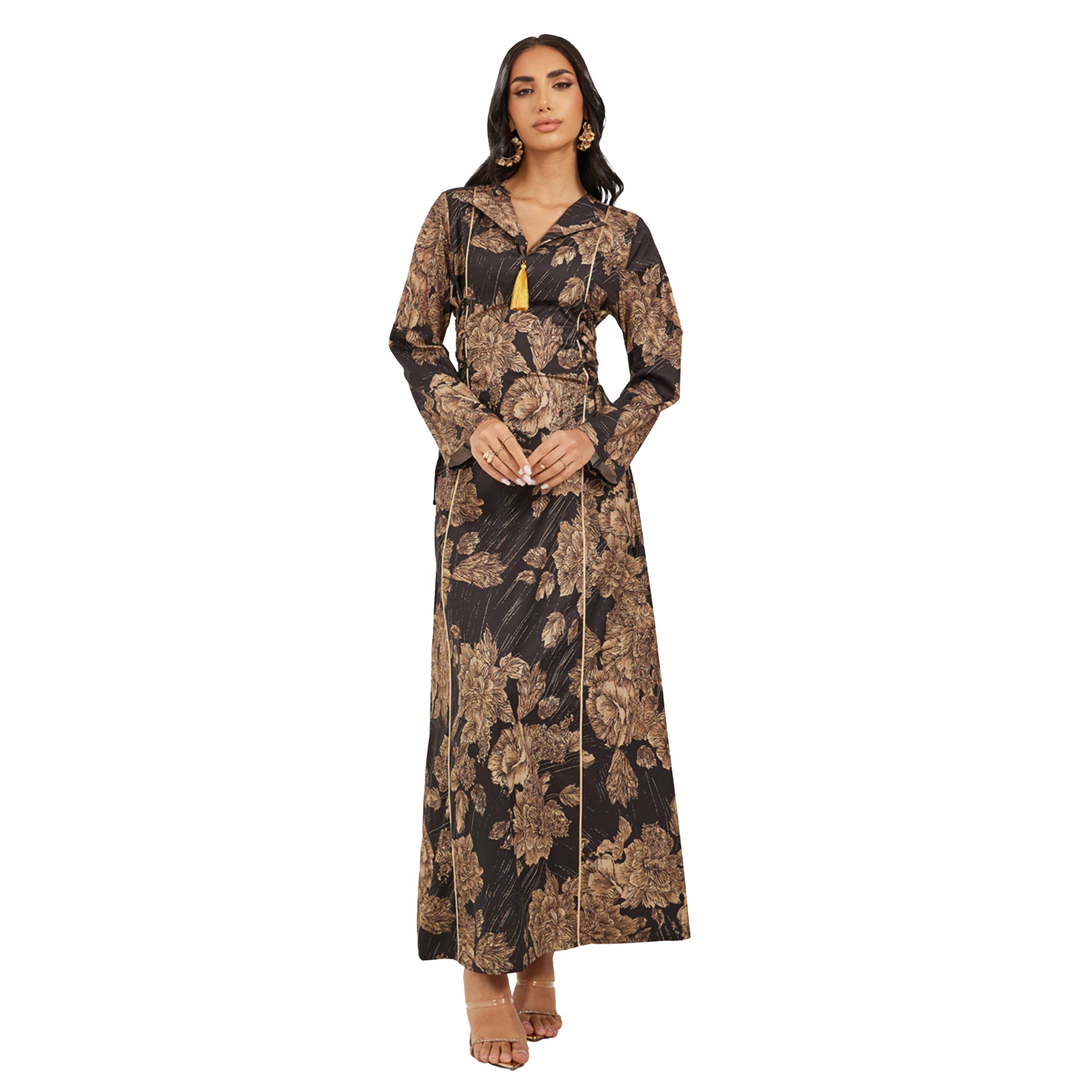 Styli Floral Jacquard Flat Collared Jalabiya with Tassel Detail-women-arabicclothing-jalabiyas-image-2