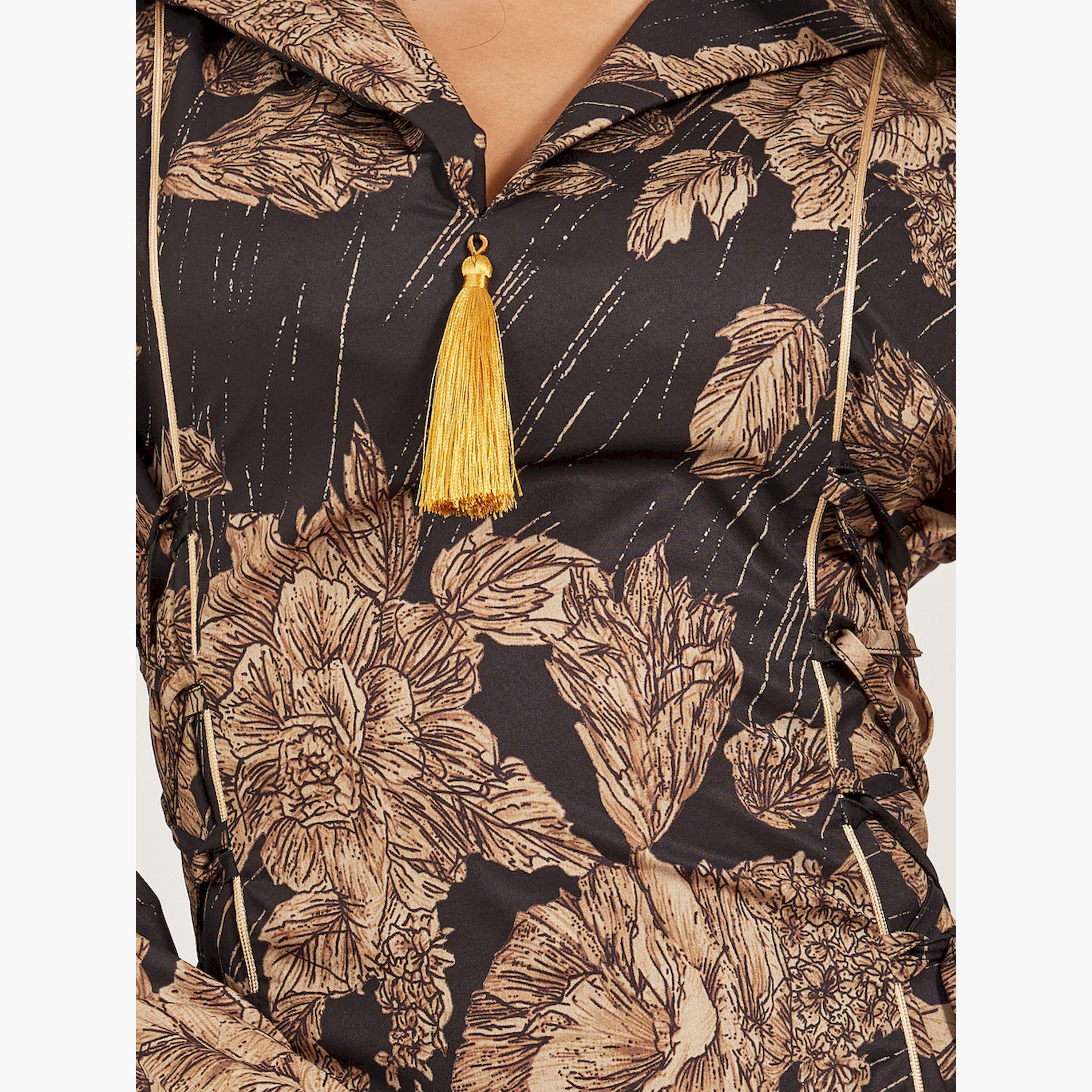 Styli Floral Jacquard Flat Collared Jalabiya with Tassel Detail-women-arabicclothing-jalabiyas-image-4