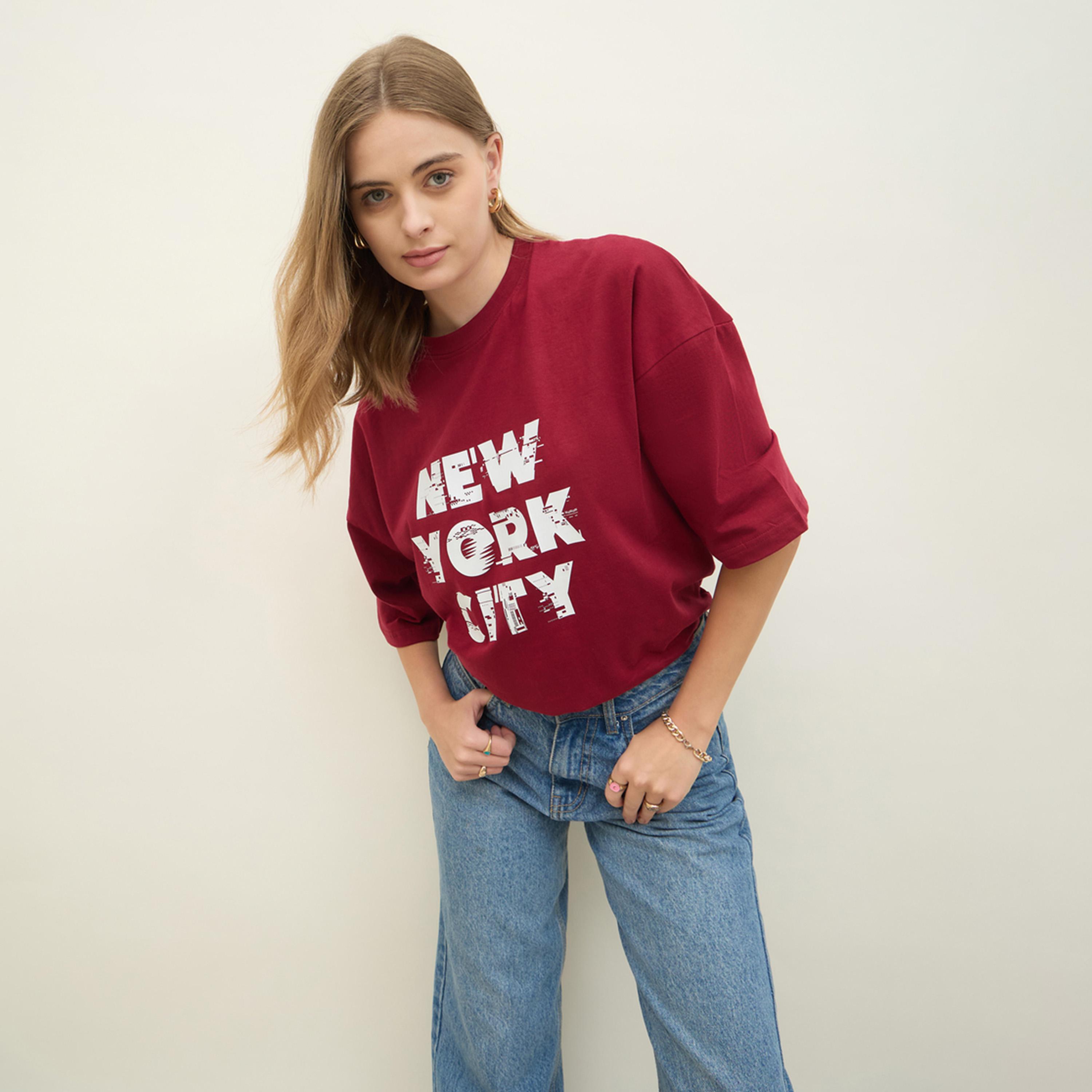 Styli New York City Slogan Print Dropped Shoulder T-Shirt-women-clothing-tshirts-image-6