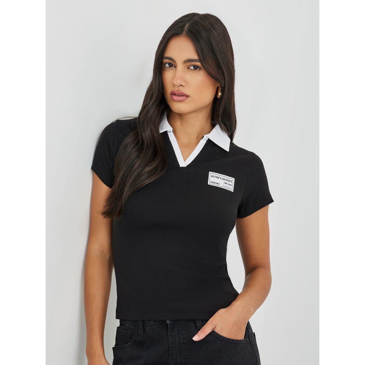 Styli Wide Ribbed Contrast Badge Detail Cropped Polo T-Shirt-women-clothing-tshirts-image-1