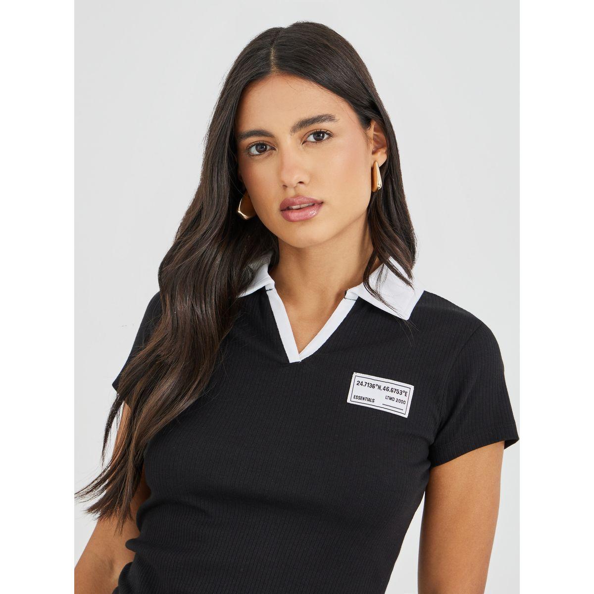 Styli Wide Ribbed Contrast Badge Detail Cropped Polo T-Shirt-women-clothing-tshirts-image-3