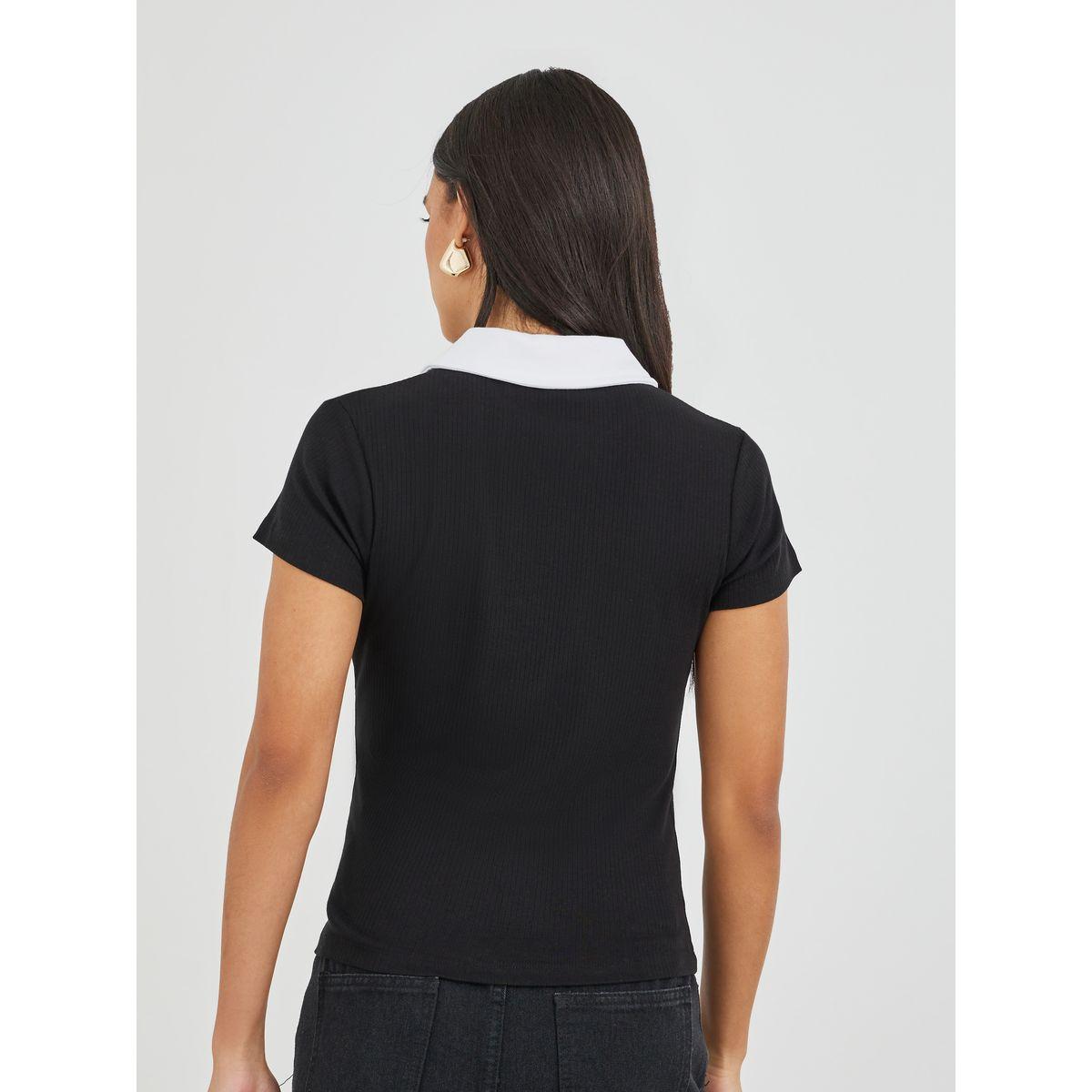 Styli Wide Ribbed Contrast Badge Detail Cropped Polo T-Shirt-women-clothing-tshirts-image-4