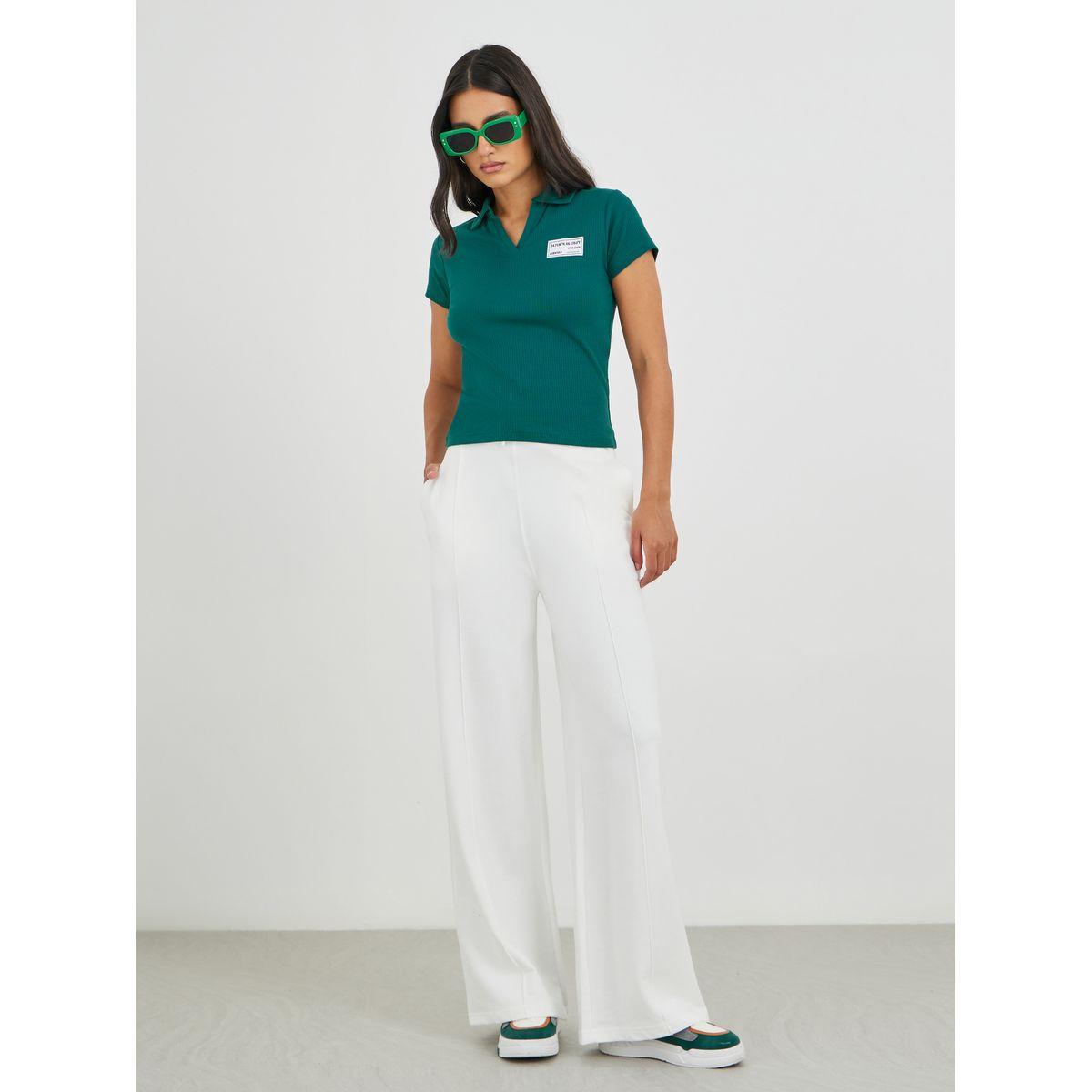 Styli Wide Ribbed Contrast Badge Detail Cropped Polo T-Shirt-women-clothing-tshirts-image-2