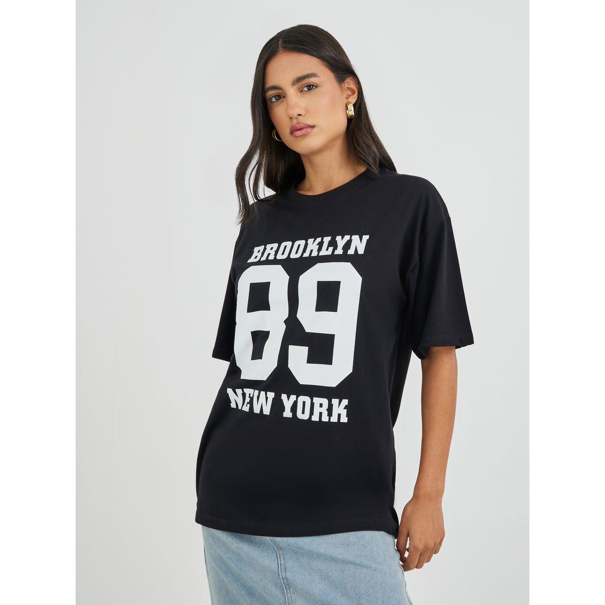 Styli Brooklyn 89 Slogan Print Short Sleeve Oversized T-Shirt-women-clothing-tshirts-image-1