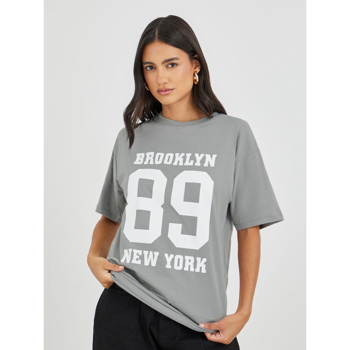 Styli Brooklyn 89 Slogan Print Short Sleeve Oversized T-Shirt-women-clothing-tshirts-image-1