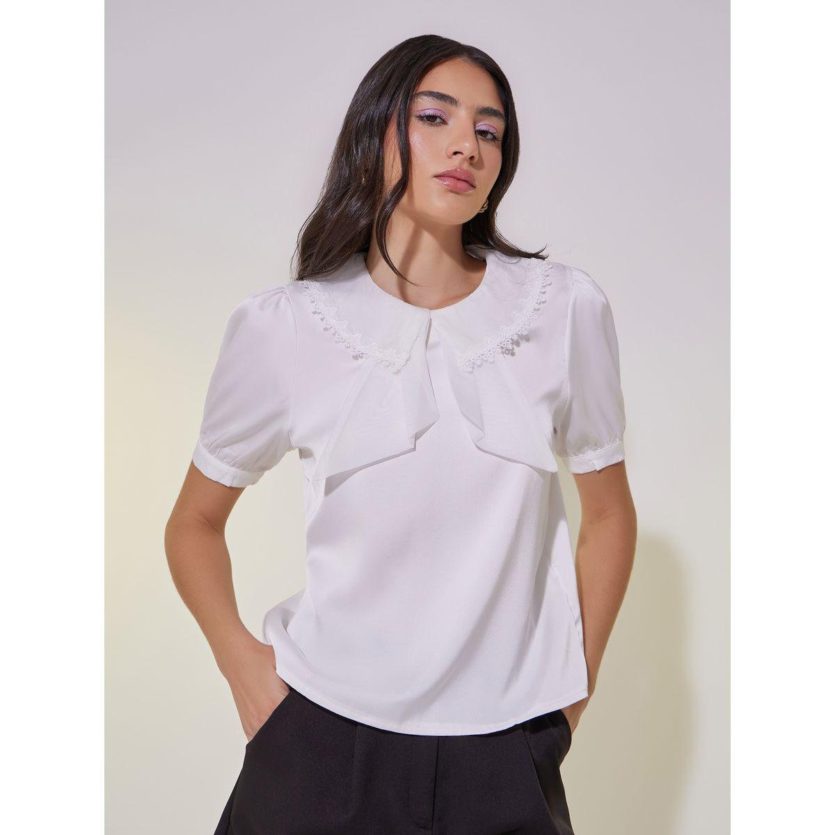 بلوزة بقصة عادية وأكمام منفوخة مع تفاصيل دانتيل-women-clothing-shirtsandblouses-blouses-image-3