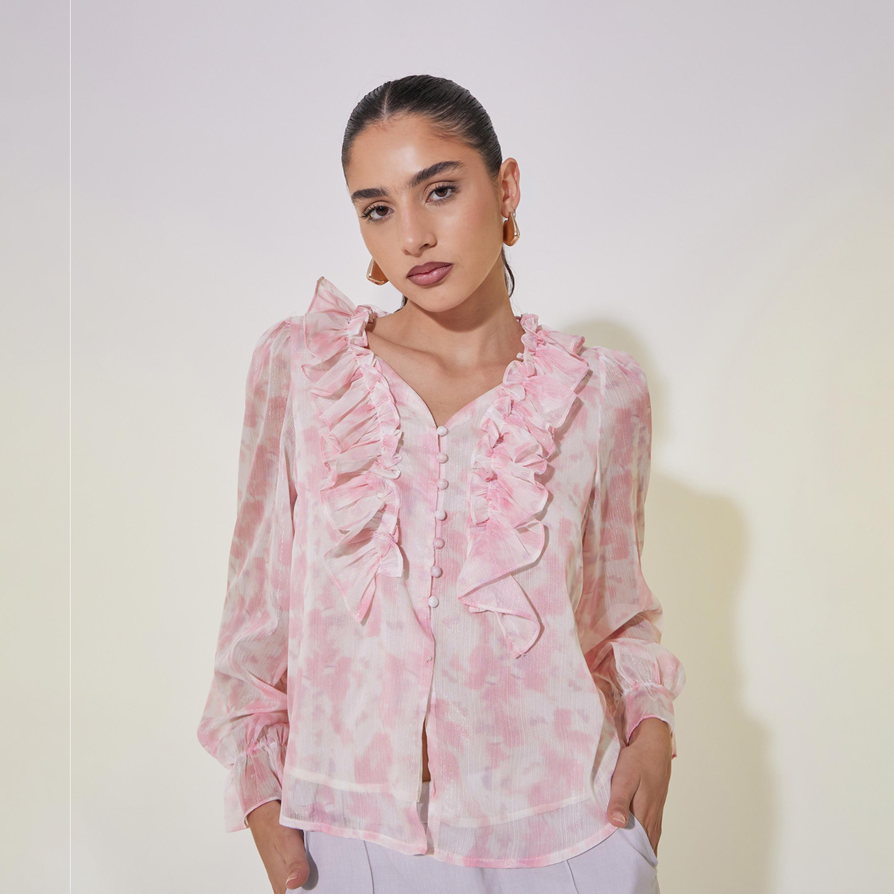 بلوزة مطبعة  بالكامل مع قصة عادية وكشكش-women-clothing-shirtsandblouses-shirts-image-3