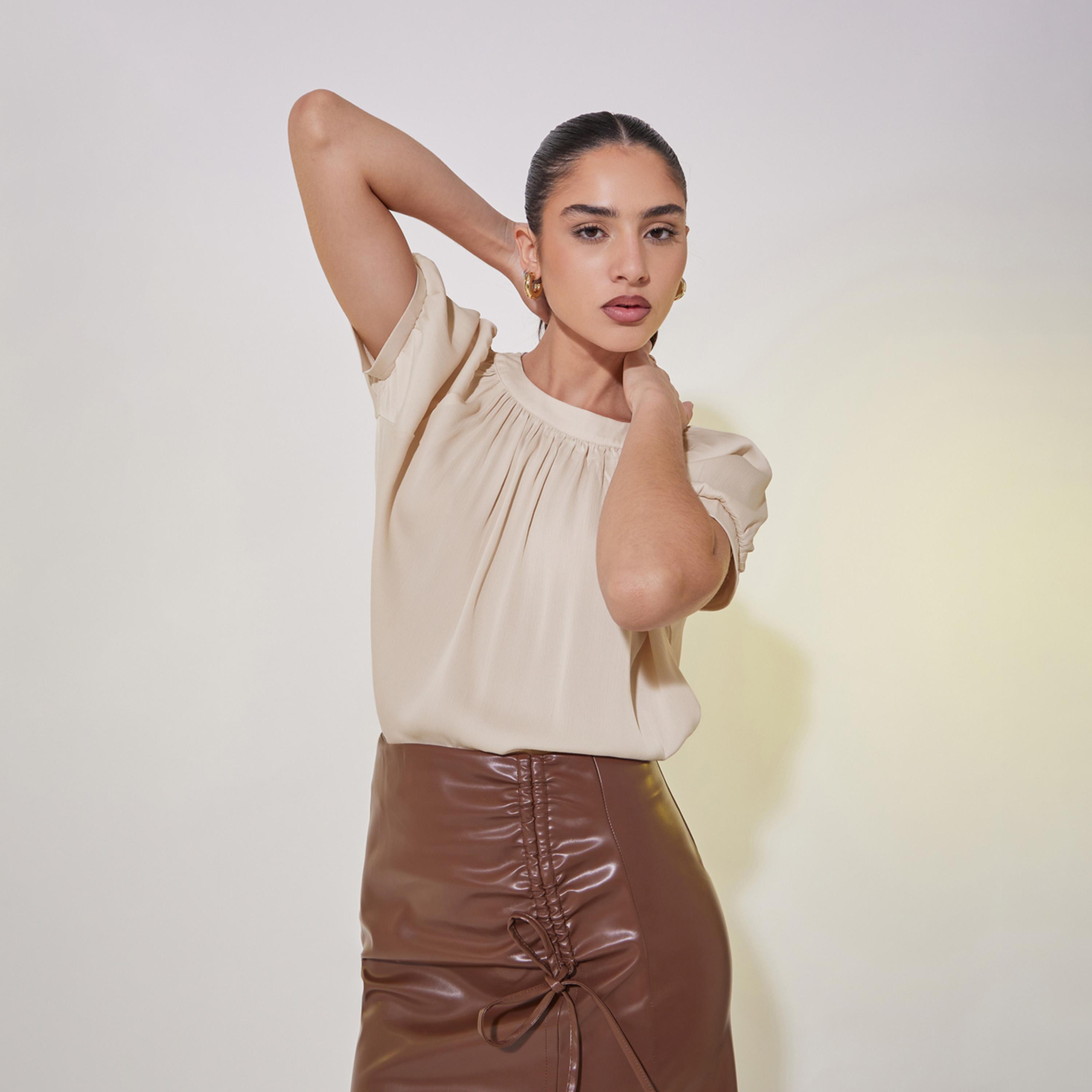 Take Two Solid Puff Sleeve Blouse with Tie-Up Closure-women-clothing-shirtsandblouses-blouses-image-1