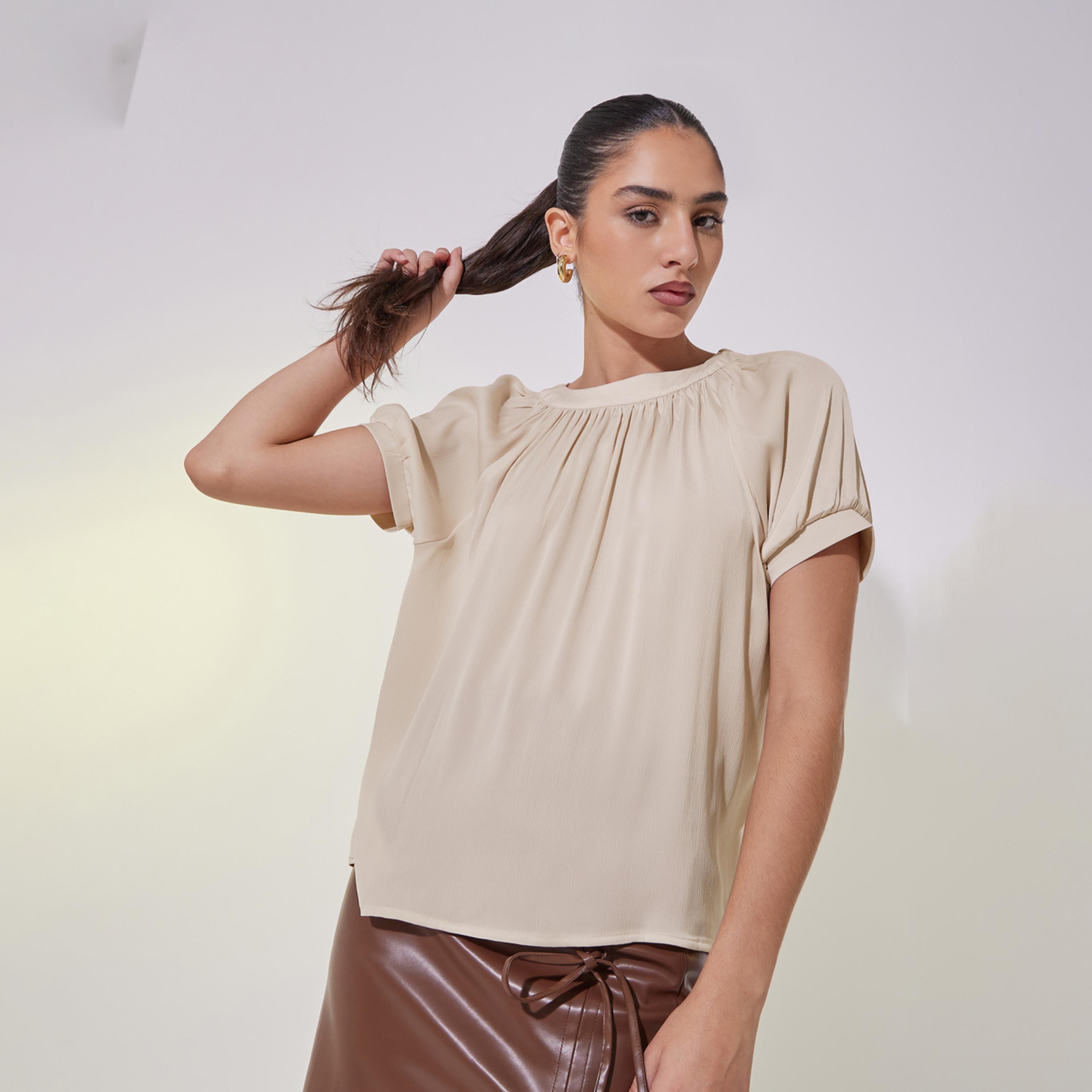 Take Two Solid Puff Sleeve Blouse with Tie-Up Closure-women-clothing-shirtsandblouses-blouses-image-2