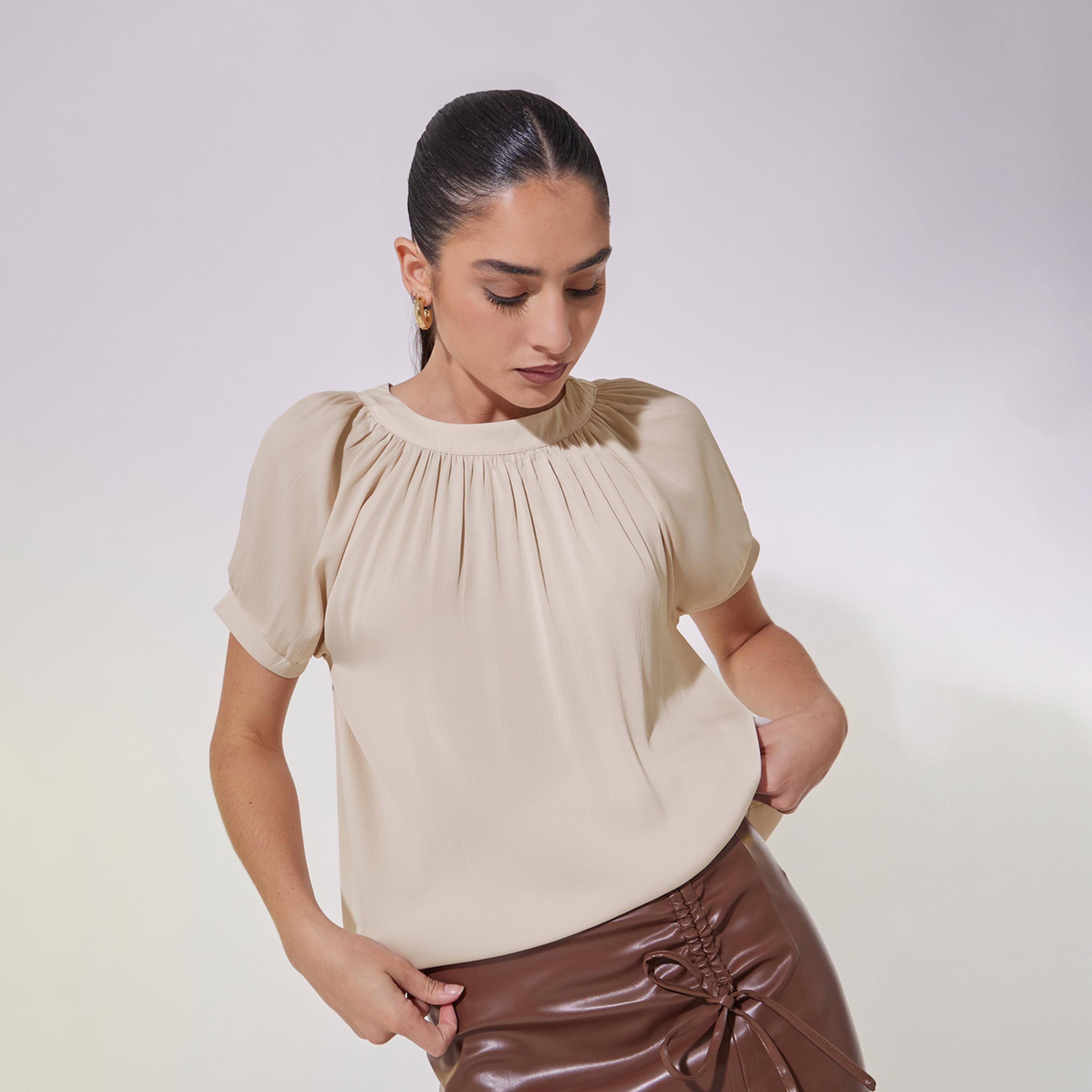 Take Two Solid Puff Sleeve Blouse with Tie-Up Closure-women-clothing-shirtsandblouses-blouses-image-3