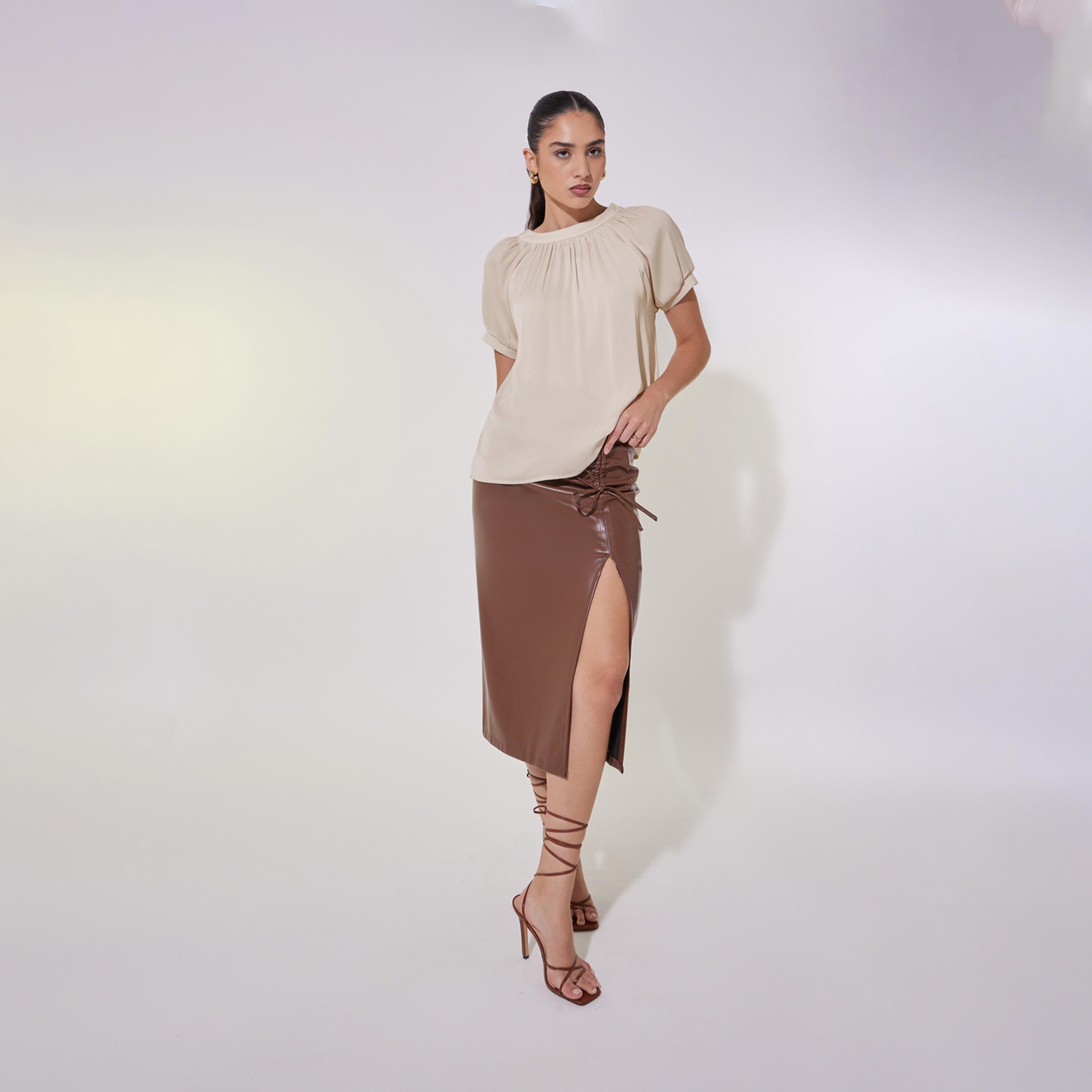 Take Two Solid Puff Sleeve Blouse with Tie-Up Closure-women-clothing-shirtsandblouses-blouses-image-5