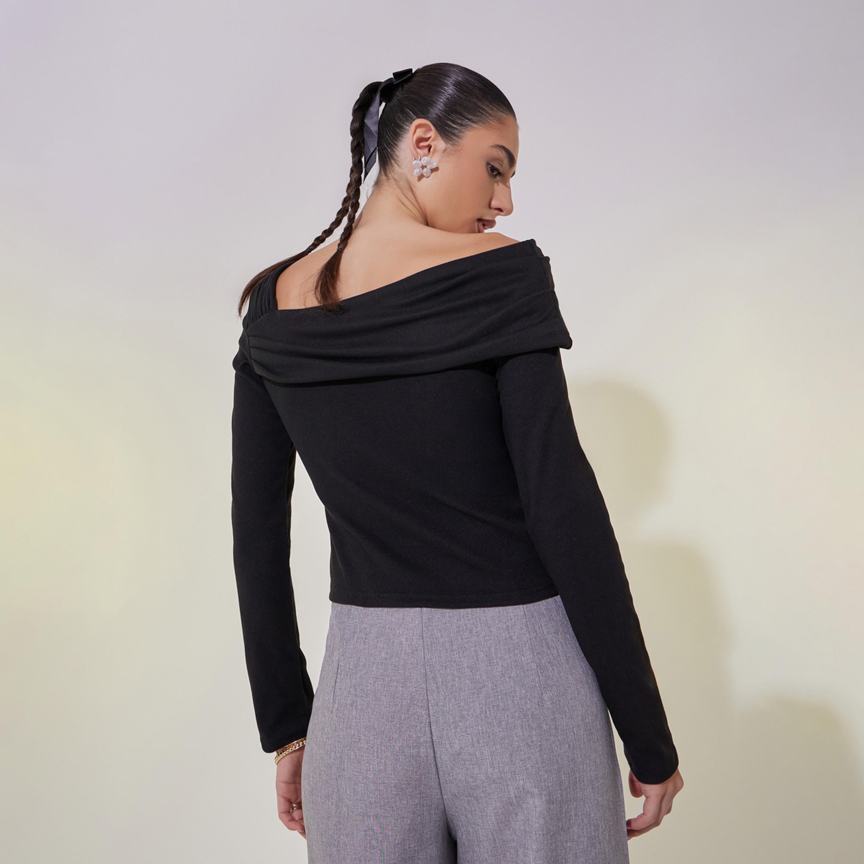 بلوزة قصيرة بياقة غير متماثلة بنمط منسدل-women-clothing-tshirts-image-5