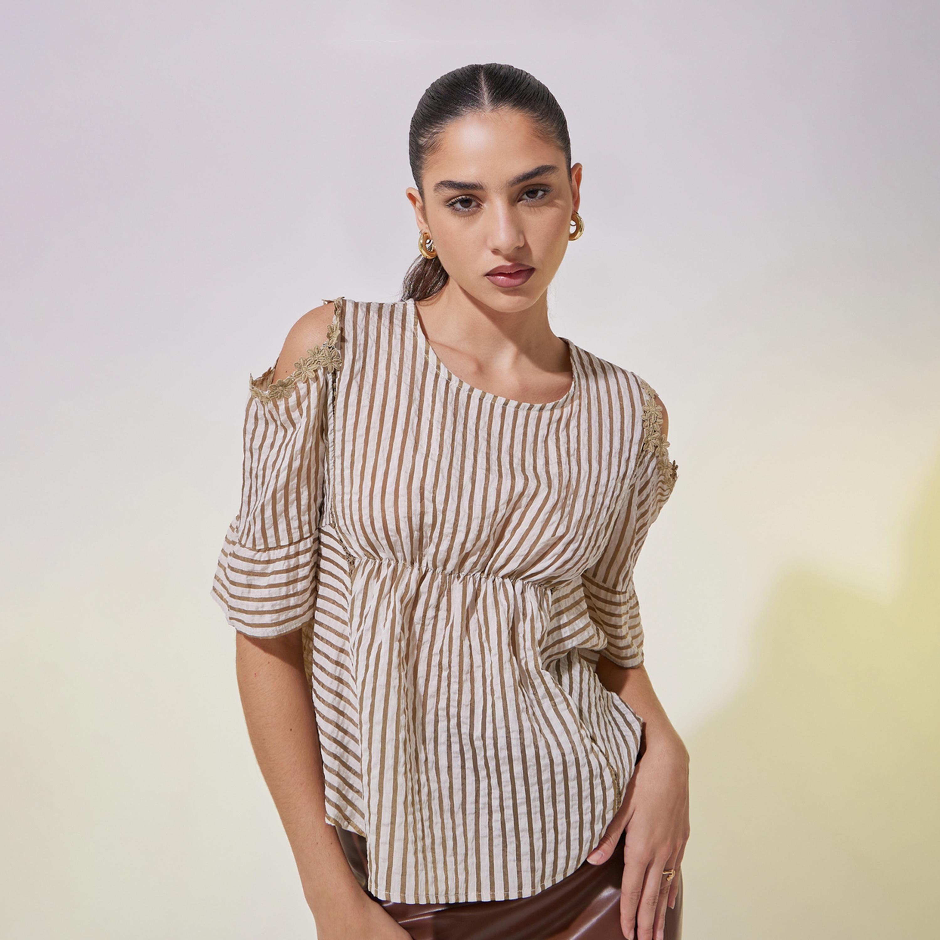 Take Two Striped Cold Shoulder Sleeve Top with Lace Detail-women-clothing-shirtsandblouses-blouses-image-2