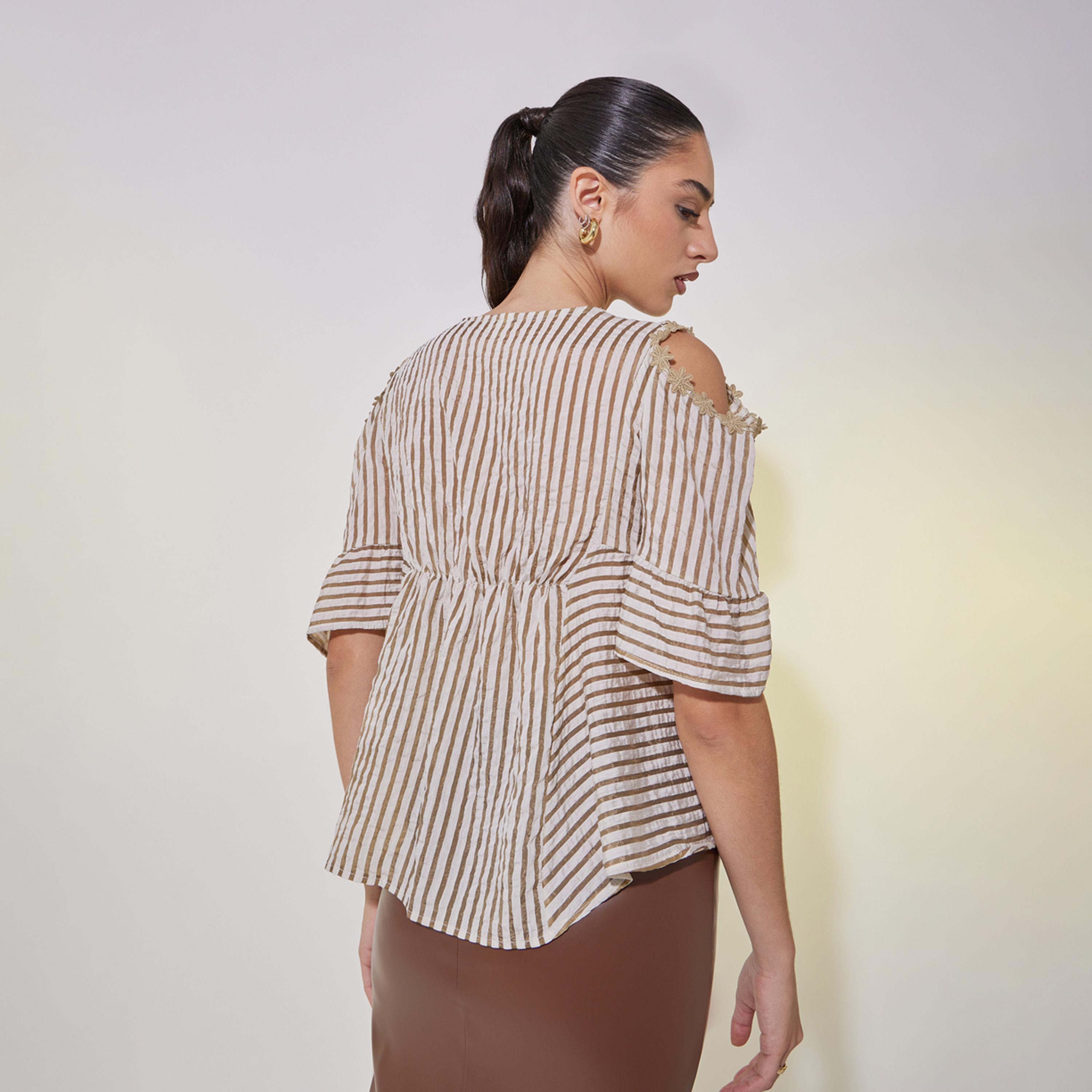 Take Two Striped Cold Shoulder Sleeve Top with Lace Detail-women-clothing-shirtsandblouses-blouses-image-5