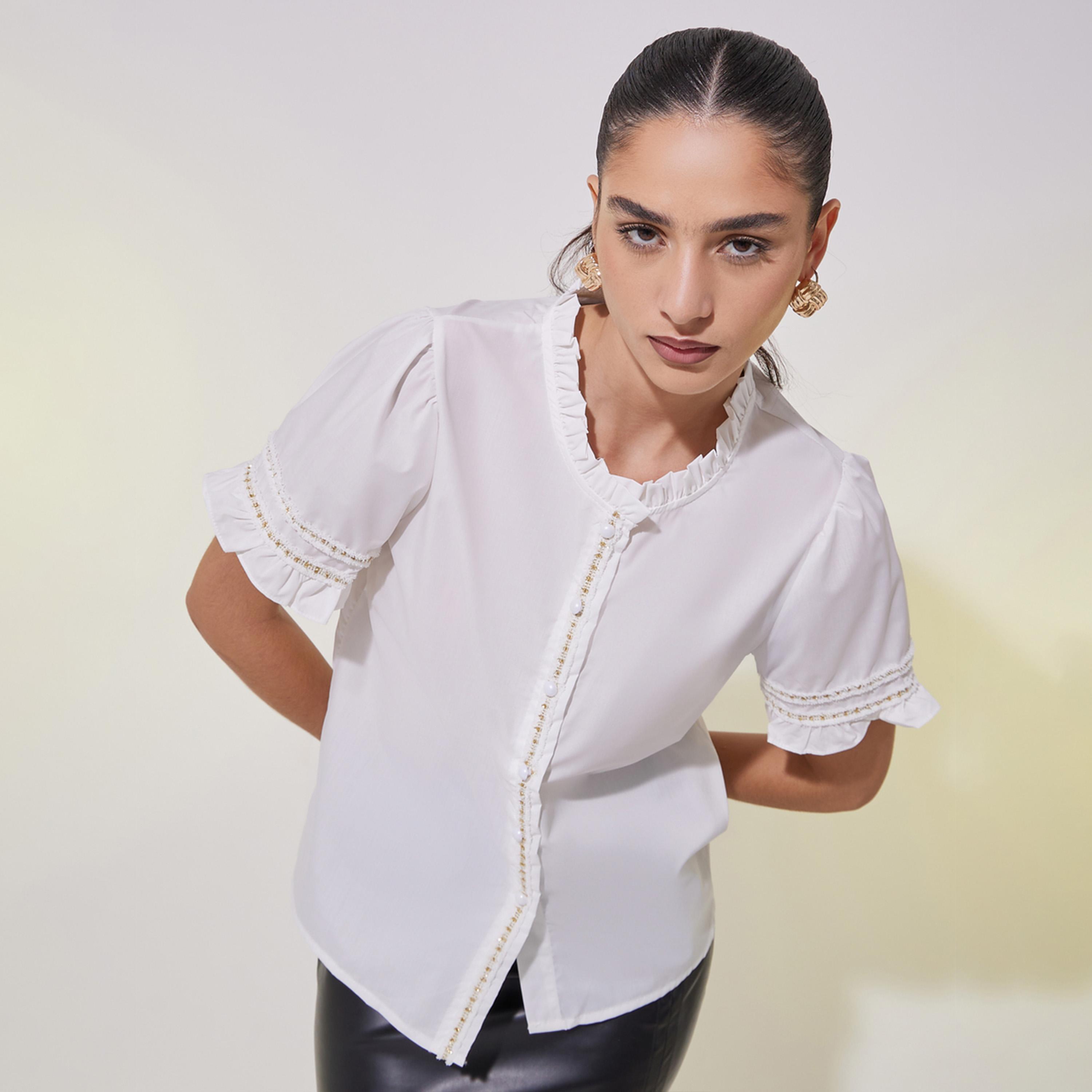 بلوزة بقصة عادية واكمام منفوخة مع دانتيل-women-clothing-shirtsandblouses-shirts-image-1