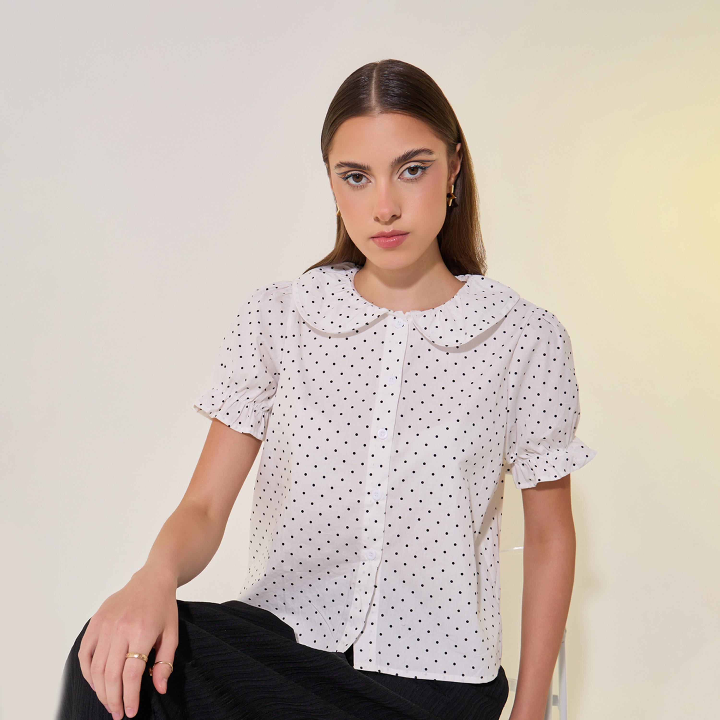 بلوزة بطبعة نقاط بولكا وياقة بيتر بان-women-clothing-shirtsandblouses-shirts-image-1