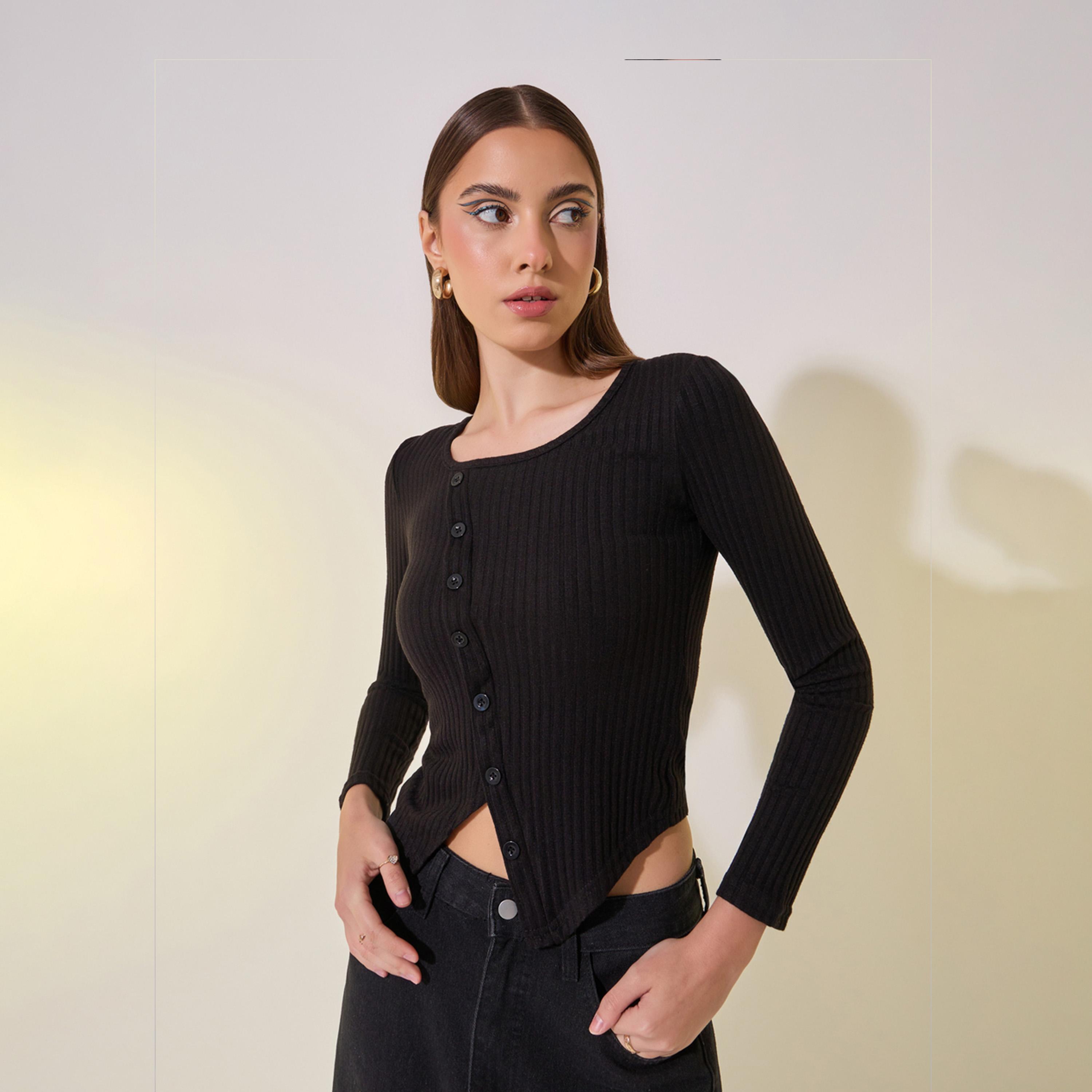 Take Two Round Neck Button Rib Knit Asymmetric Hem Top-women-clothing-shirtsandblouses-blouses-image-1