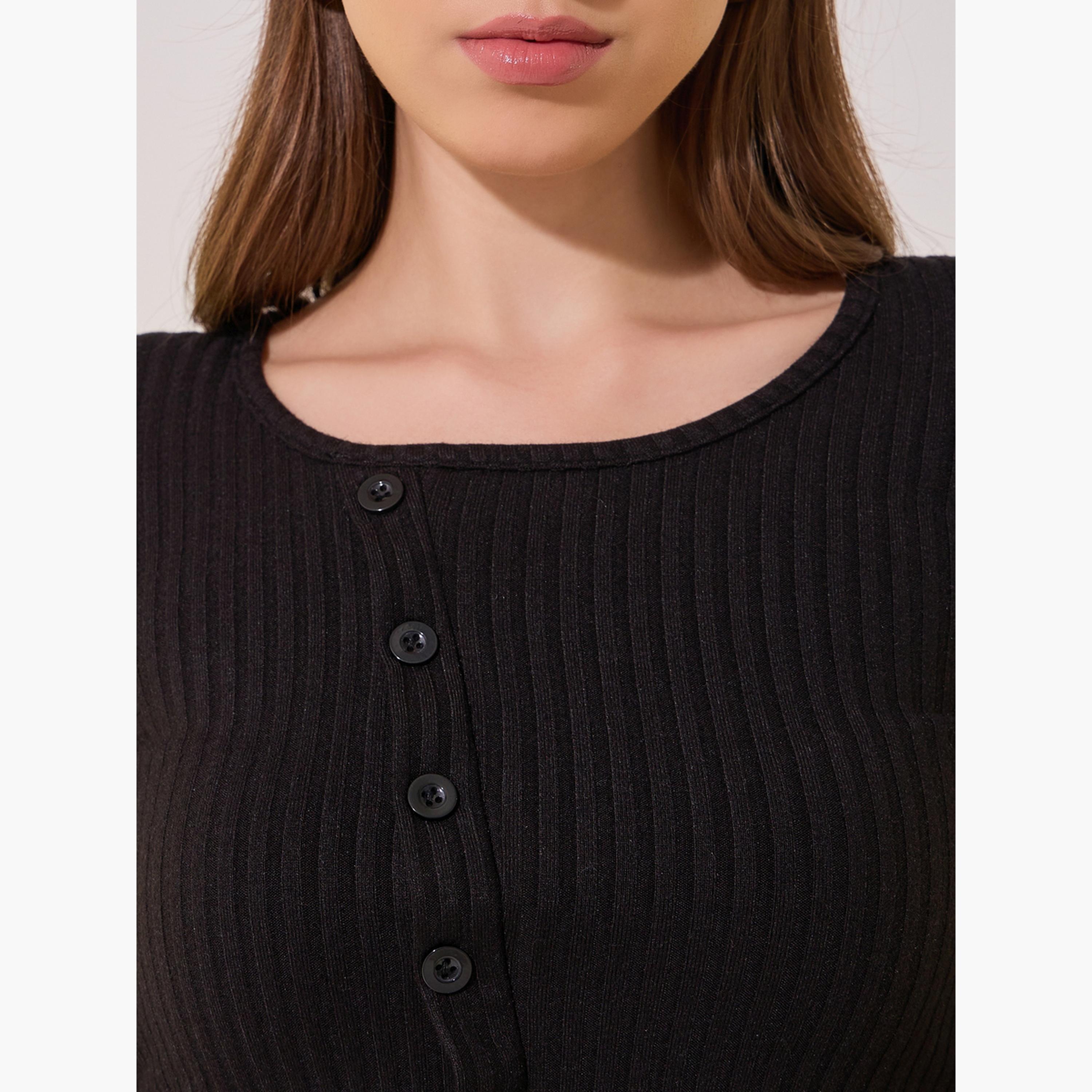 بلوزة بياقة دائرية وتفاصيل أزرار مع حافة غير متماثلة-women-clothing-shirtsandblouses-blouses-image-3