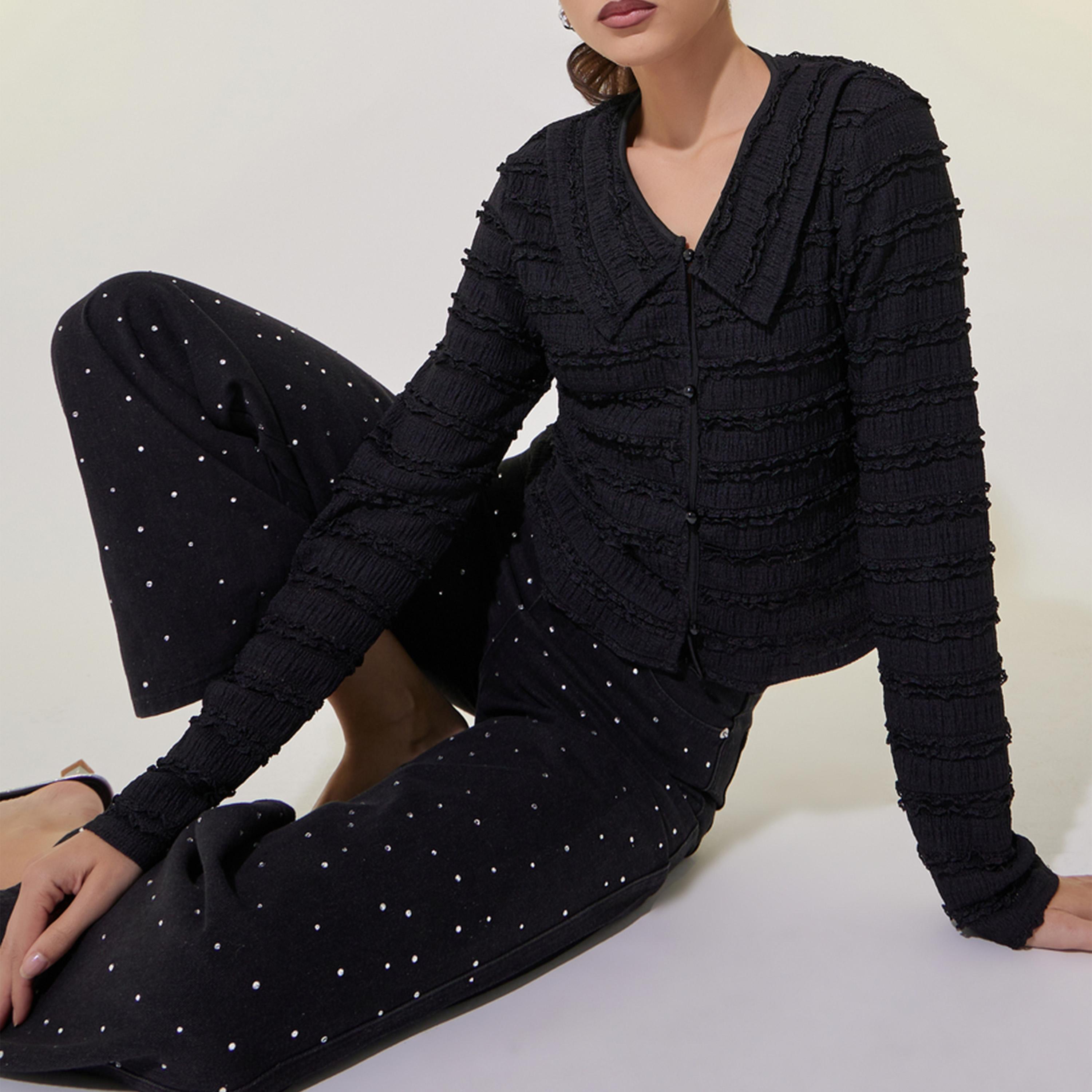 Take Two Textured Long Sleeve Crop Shirt with Ruffle Detail-women-clothing-shirtsandblouses-shirts-image-1