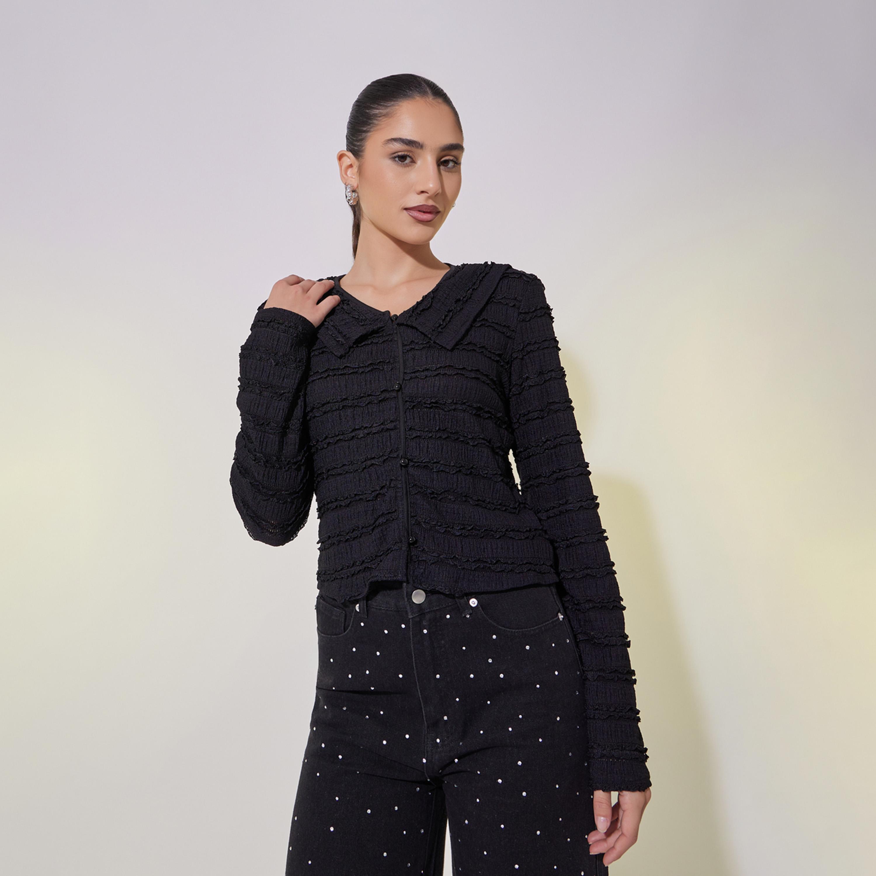 Take Two Textured Long Sleeve Crop Shirt with Ruffle Detail-women-clothing-shirtsandblouses-shirts-image-3