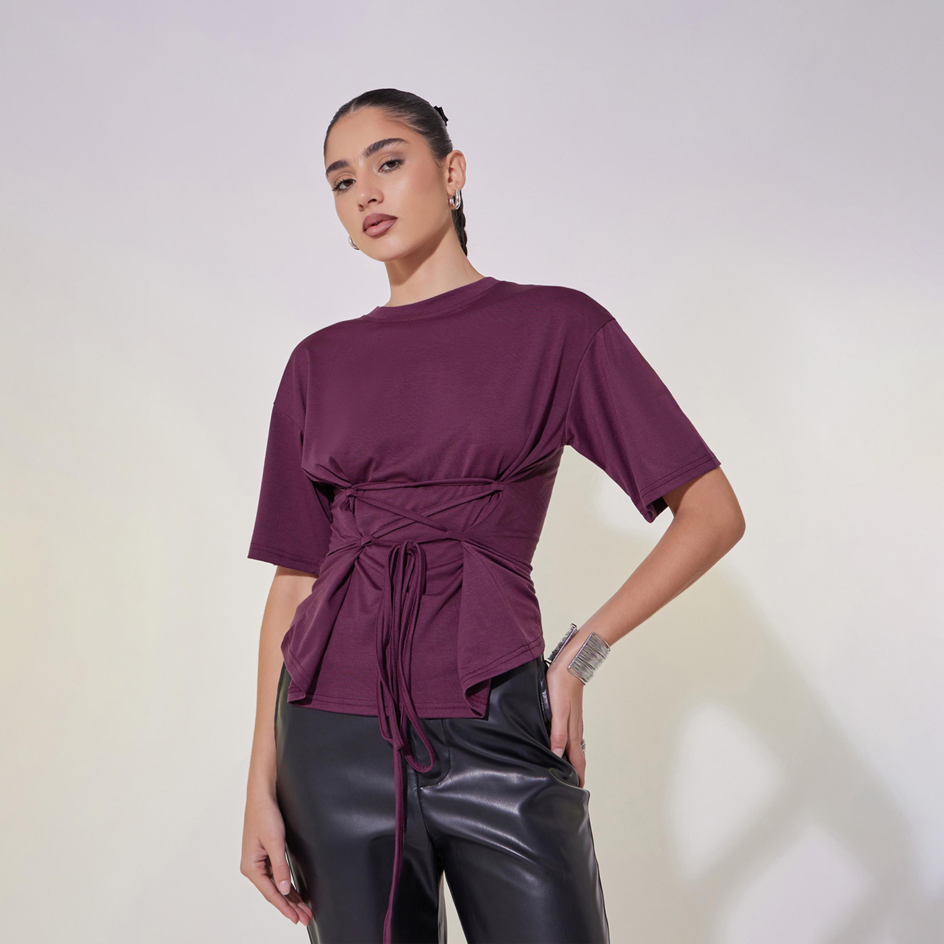 Take Two Solid Tie-Up Detail Regular Fit T-Shirt-women-clothing-tshirts-image-1