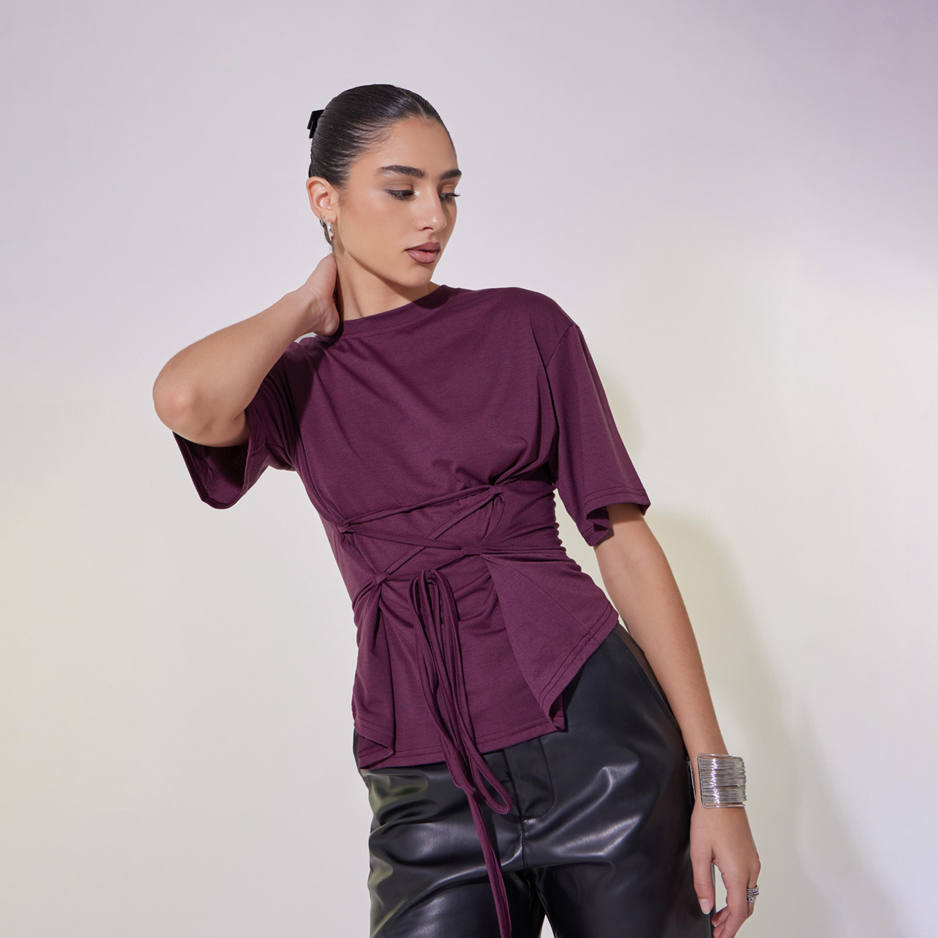 Take Two Solid Tie-Up Detail Regular Fit T-Shirt-women-clothing-tshirts-image-2