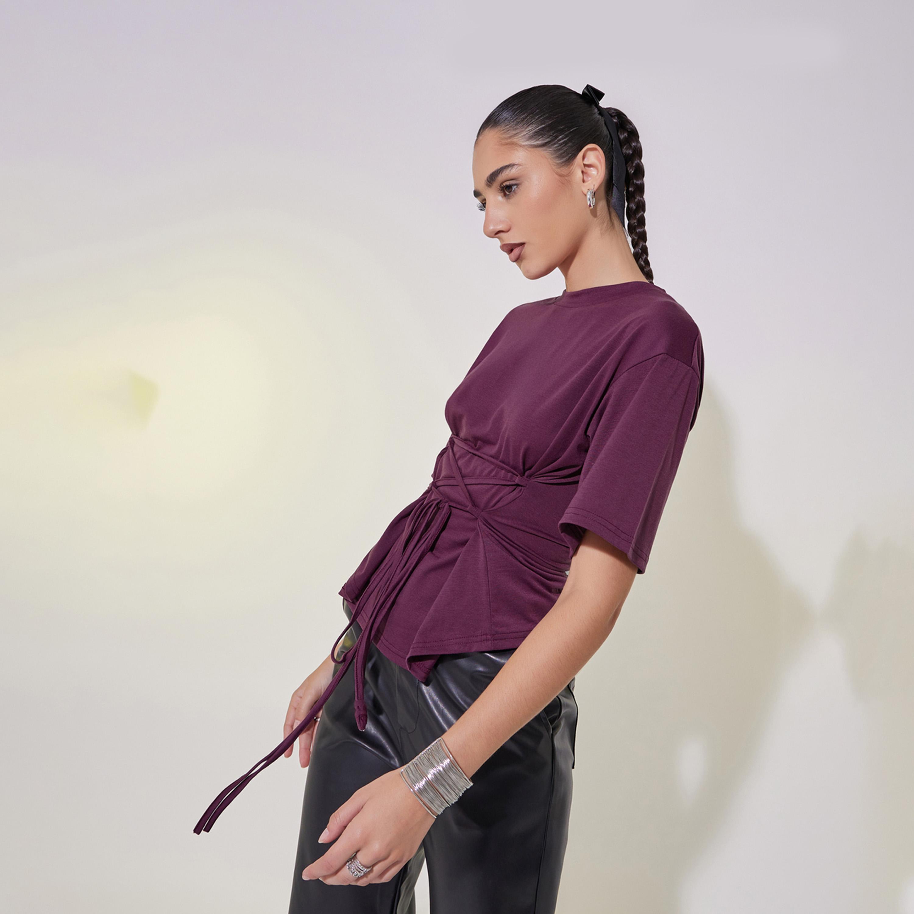 Take Two Solid Tie-Up Detail Regular Fit T-Shirt-women-clothing-tshirts-image-3