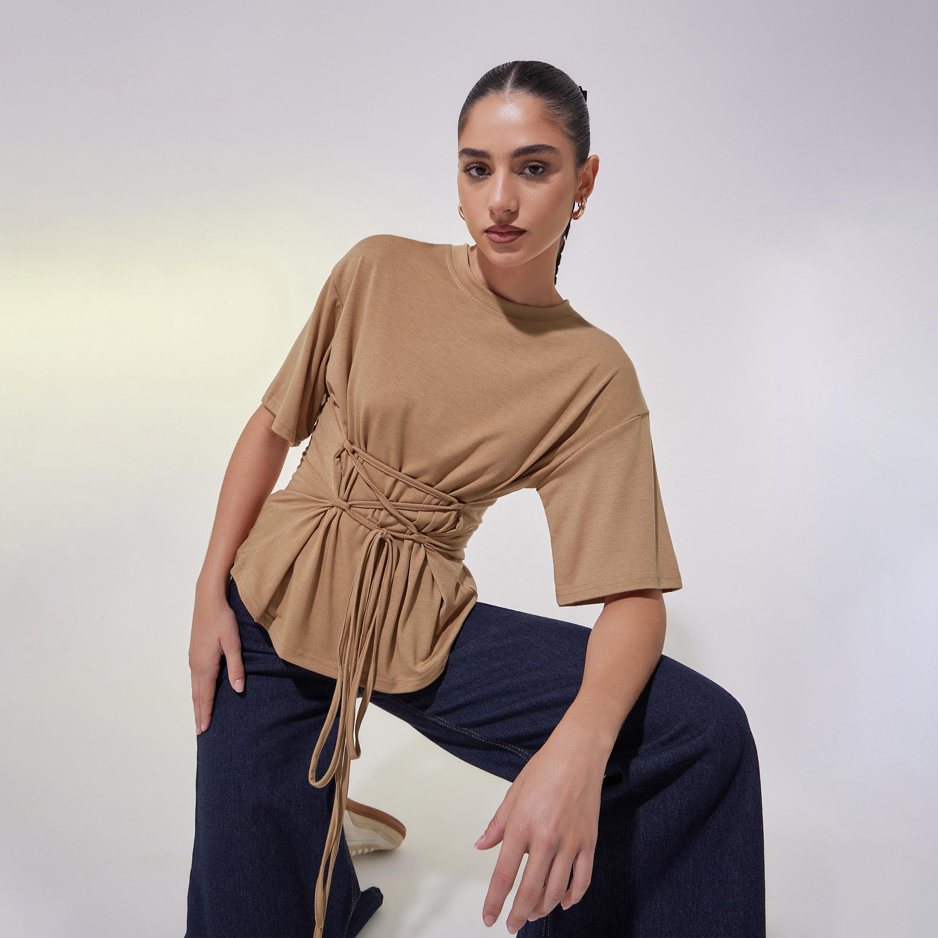 Take Two Solid Tie-Up Detail Regular Fit T-Shirt-women-clothing-tshirts-image-1