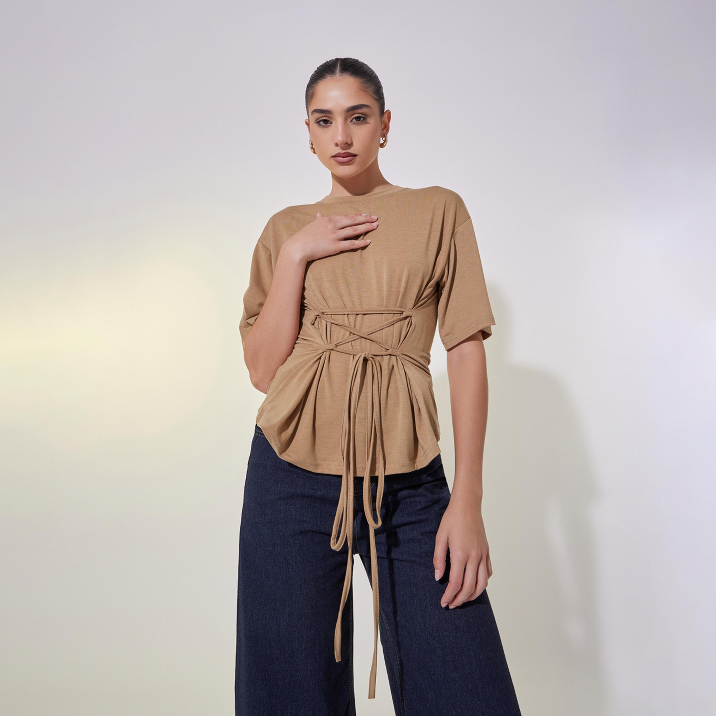 تيشيرت سادة بقصة عادية مع اربطة-women-clothing-tshirts-image-2