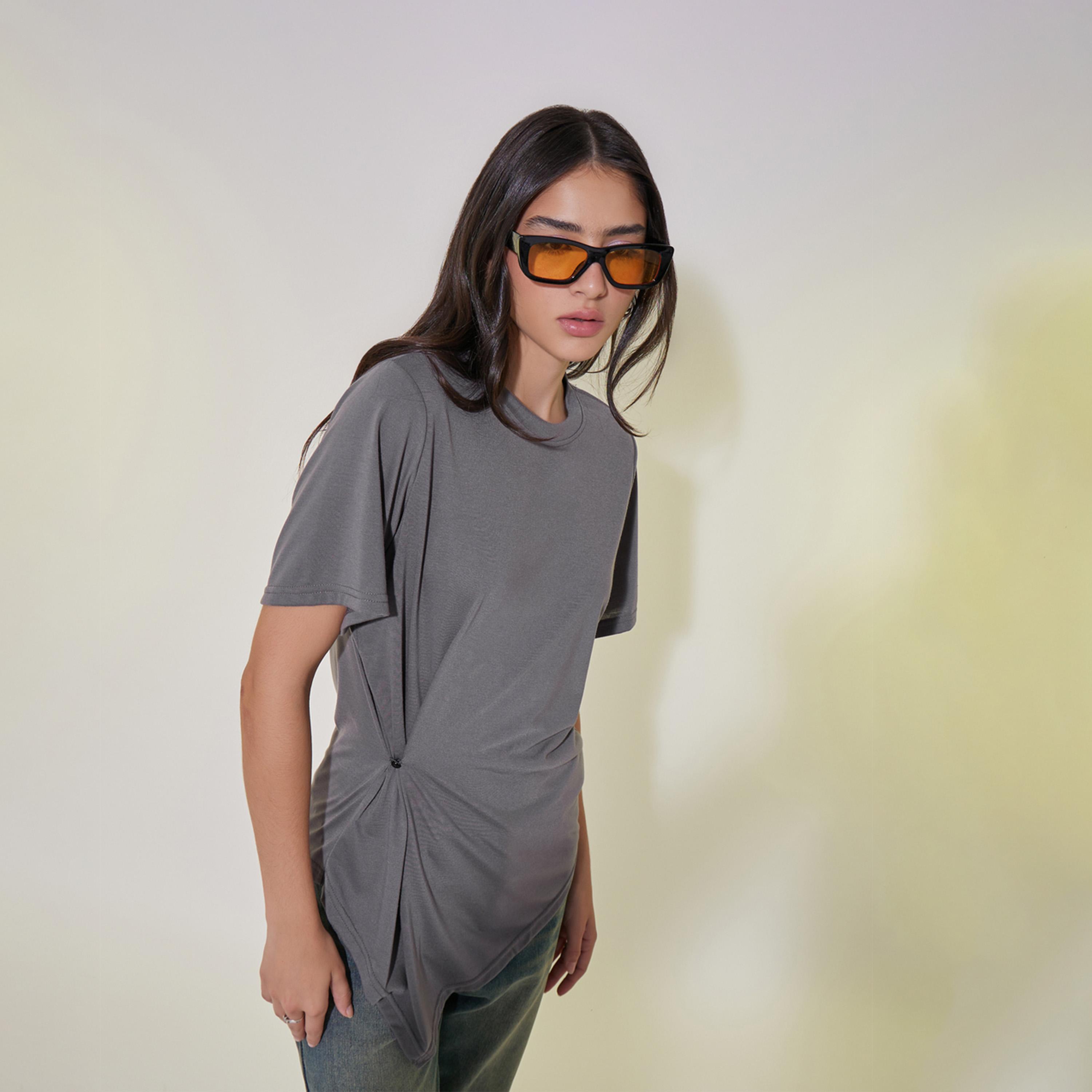 Take Two Solid Round Neck Waist Gathered Detail T-Shirt-women-clothing-tshirts-image-1
