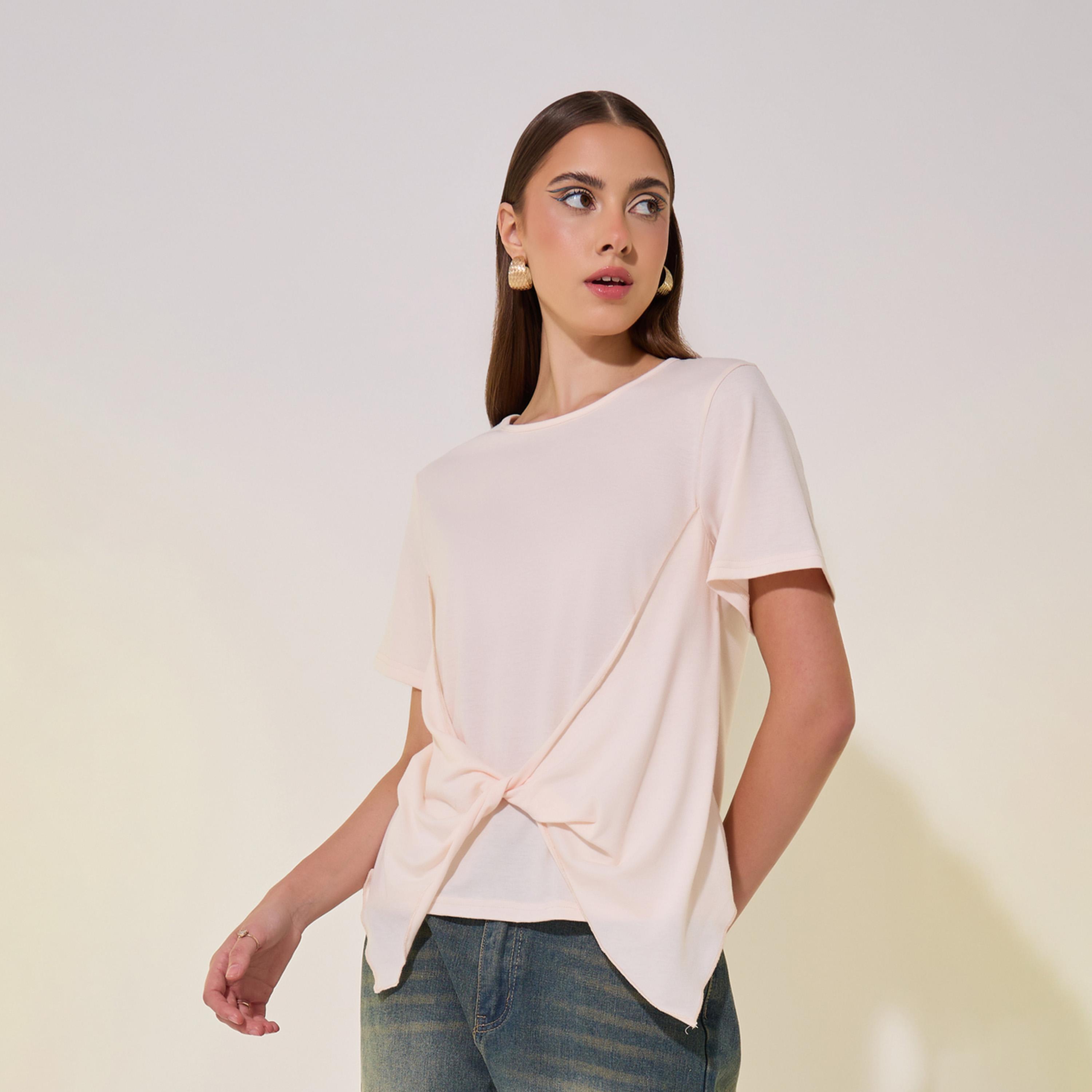 Take Two Solid Round Neck Front Twist Detail T-Shirt-women-clothing-tshirts-image-1