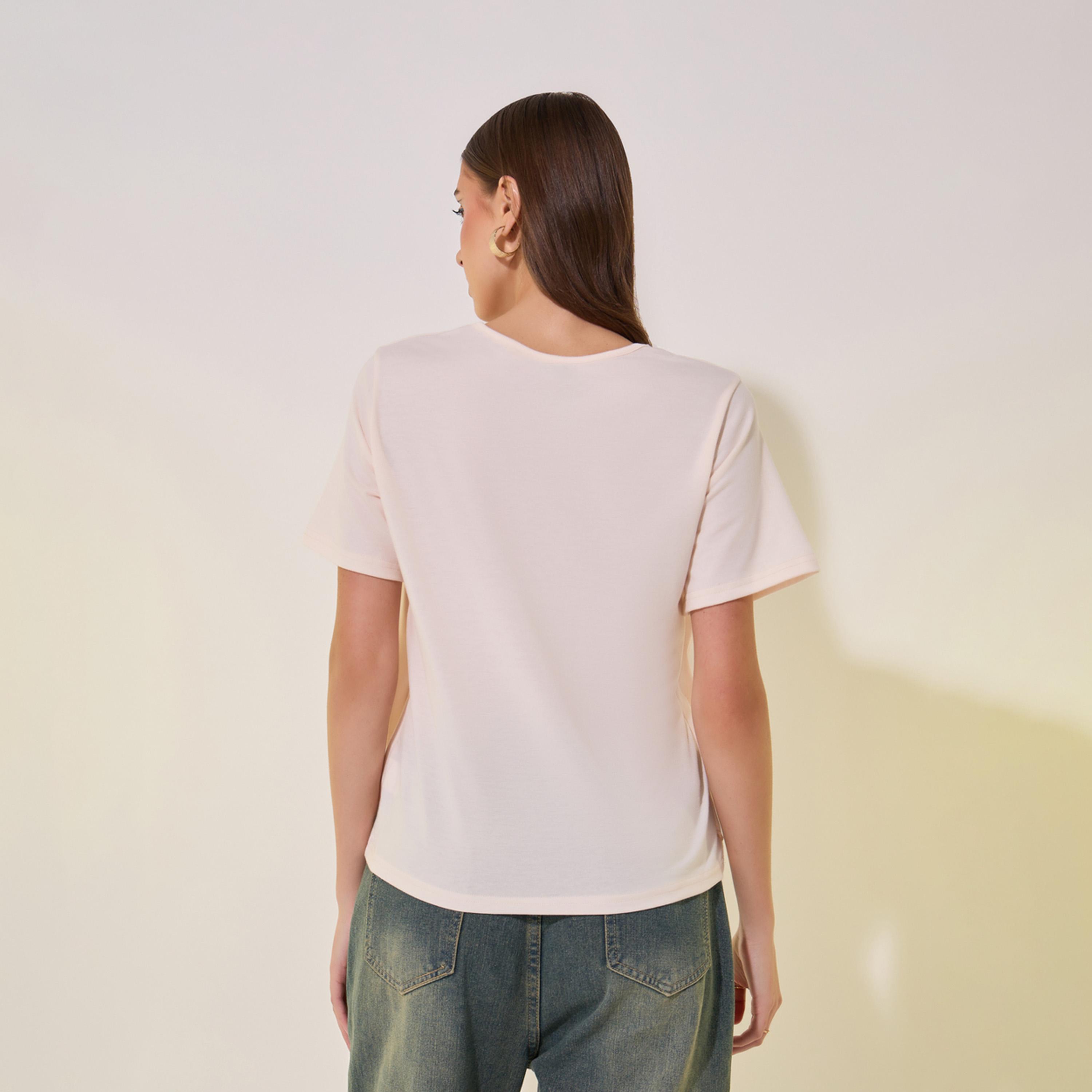تيشيرت سادة بياقة دائرية وتفاصيل عقدة-women-clothing-tshirts-image-5