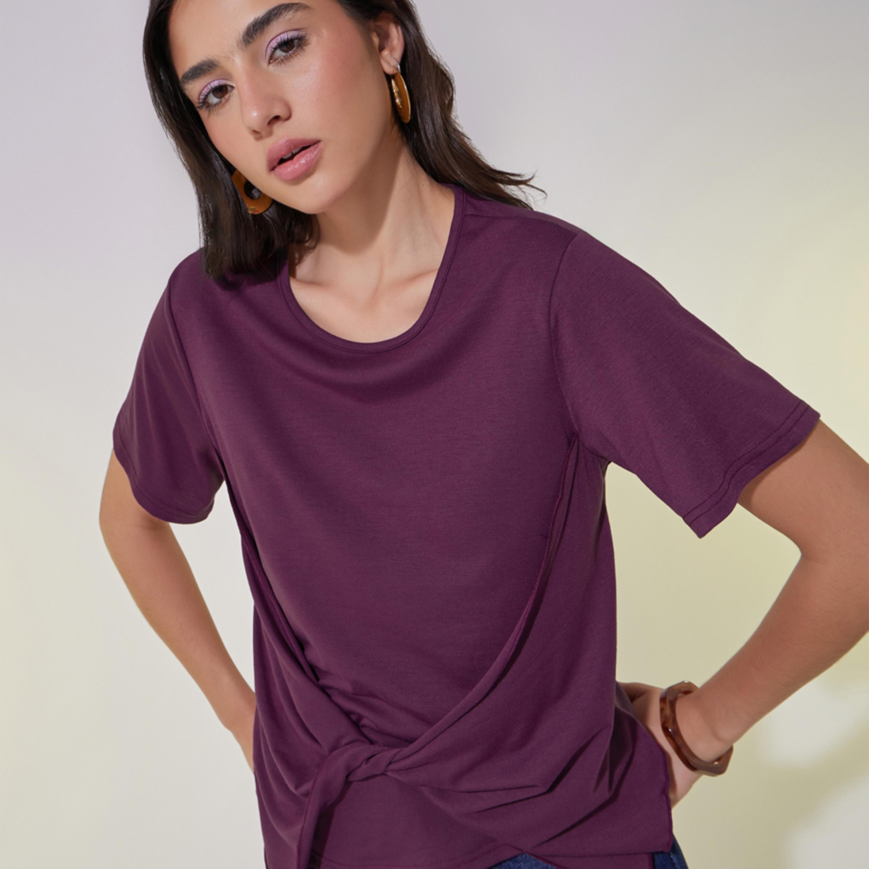 Take Two Solid Round Neck Front Twist Detail T-Shirt-women-clothing-tshirts-image-1