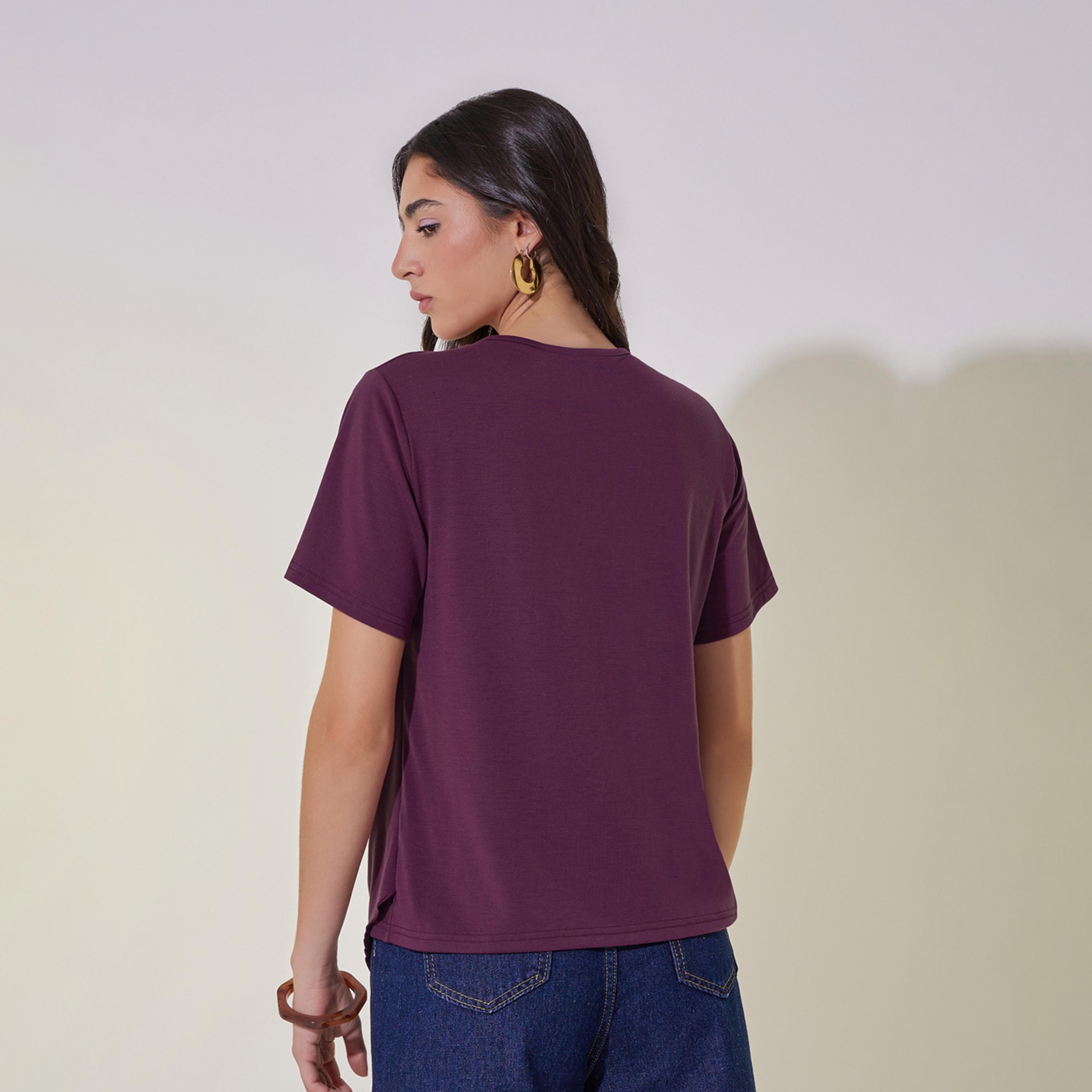 تيشيرت سادة بياقة دائرية وتفاصيل ملفوفة-women-clothing-tshirts-image-4