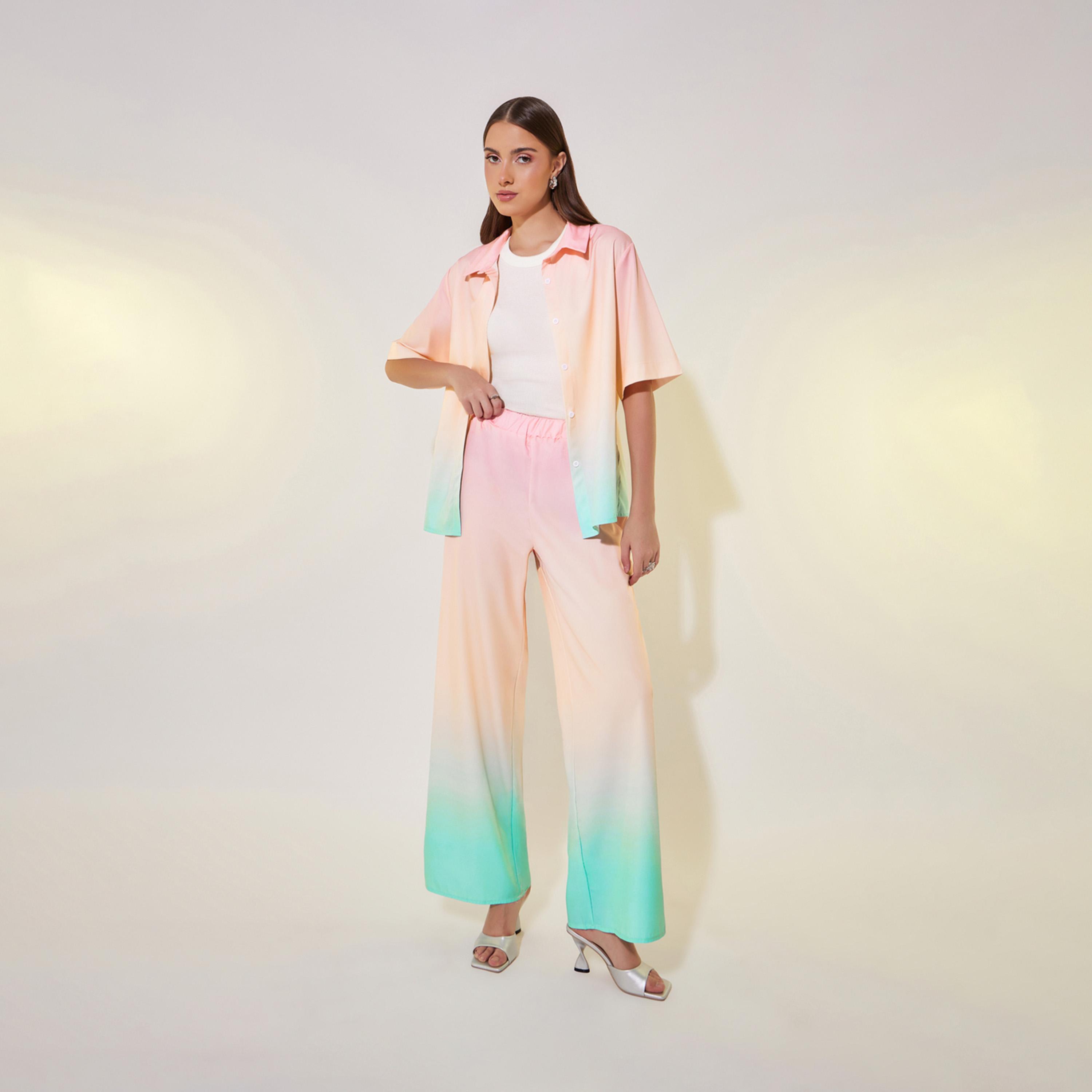 طقم منسق من بنطال بأرجل واسعة وبلوزة بطبعة اومبري-women-clothing-coordsets-image-1